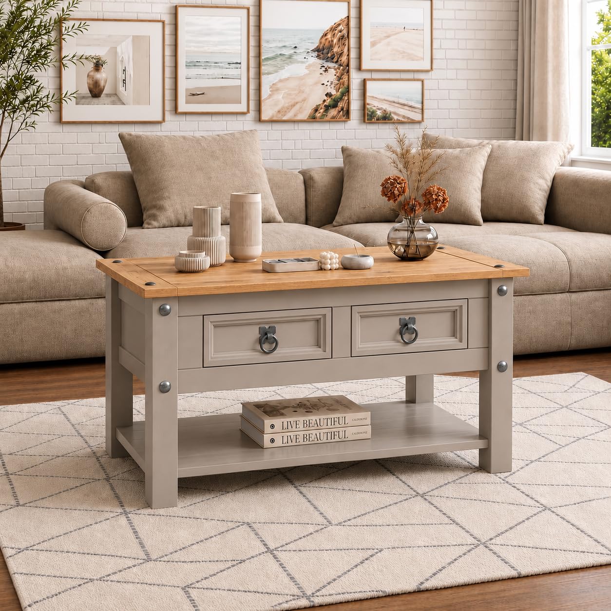 Corona Coffee Table Grey 2 Drawer Mexican Waxed Pine Solid Wood Occasional
