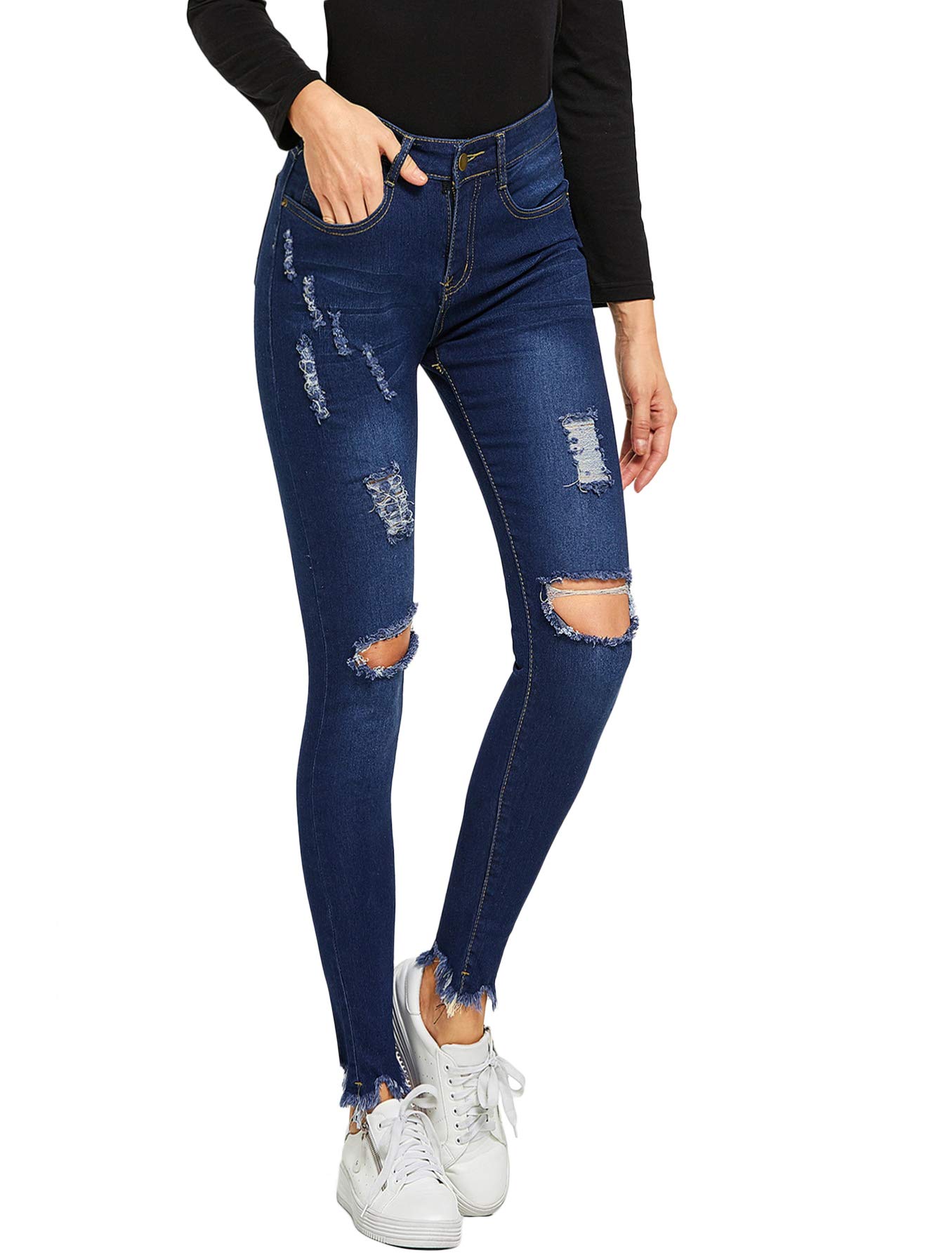 SweatyRocksWomen's Hight Waisted Stretch Ripped Skinny Jeans Distressed Denim Pants