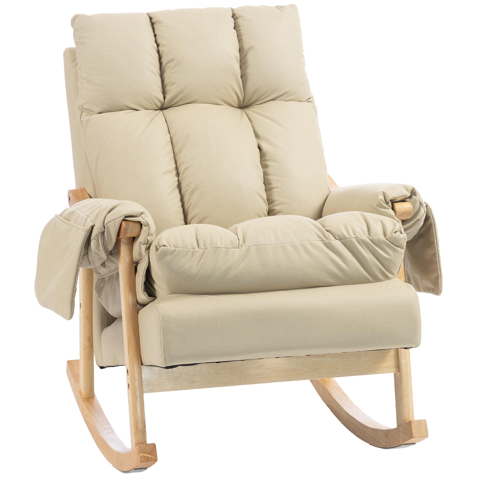 HOMCOM Silla Mecedora de Cuero Sintético Bolsillos Patas de Madera Beige