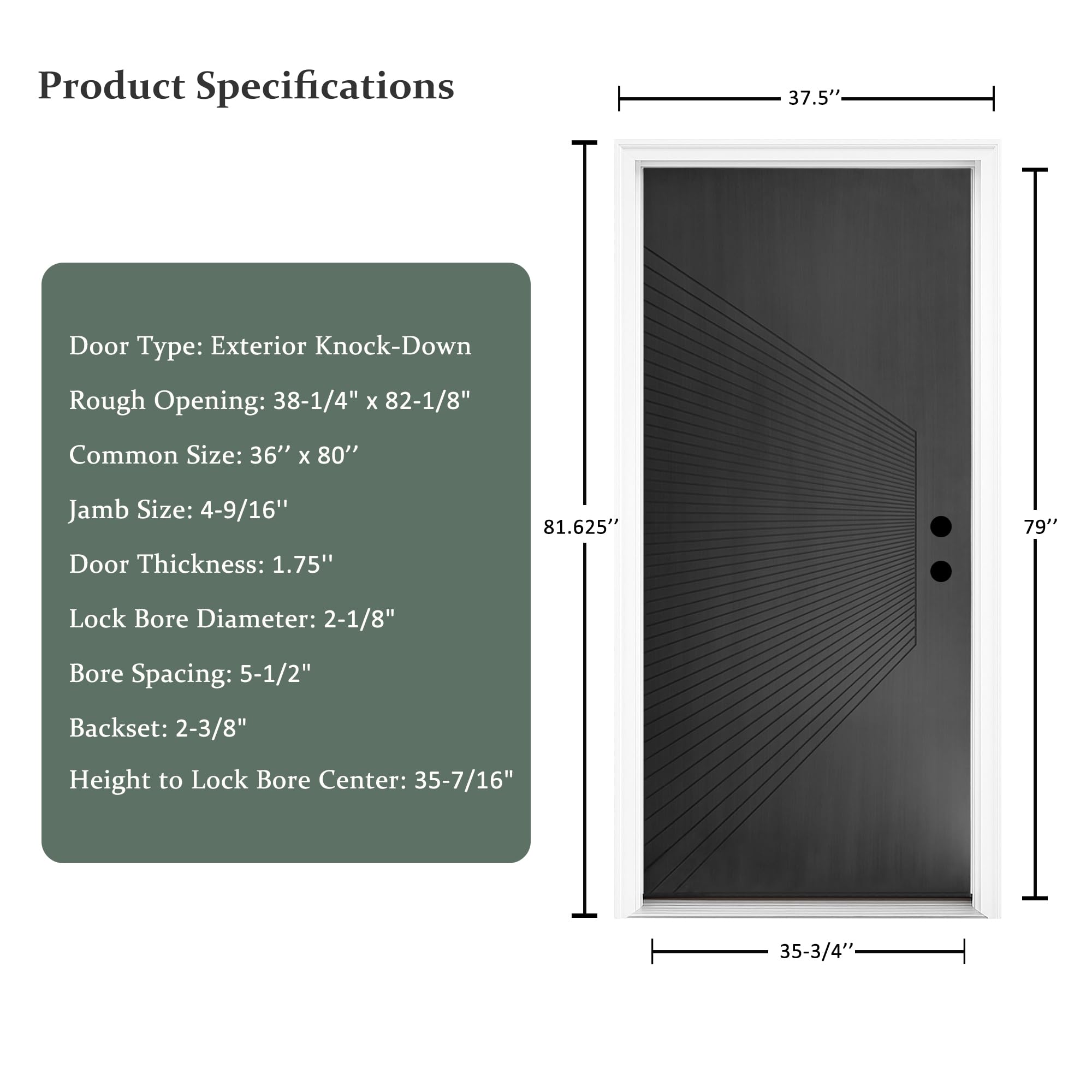 Condition photo showing New/Like New for 36x80 modern fiberglass exterior door 36x80in onyx black, metallic look with radiating groove design front entry door right-hand inswing, textured knock-down door 