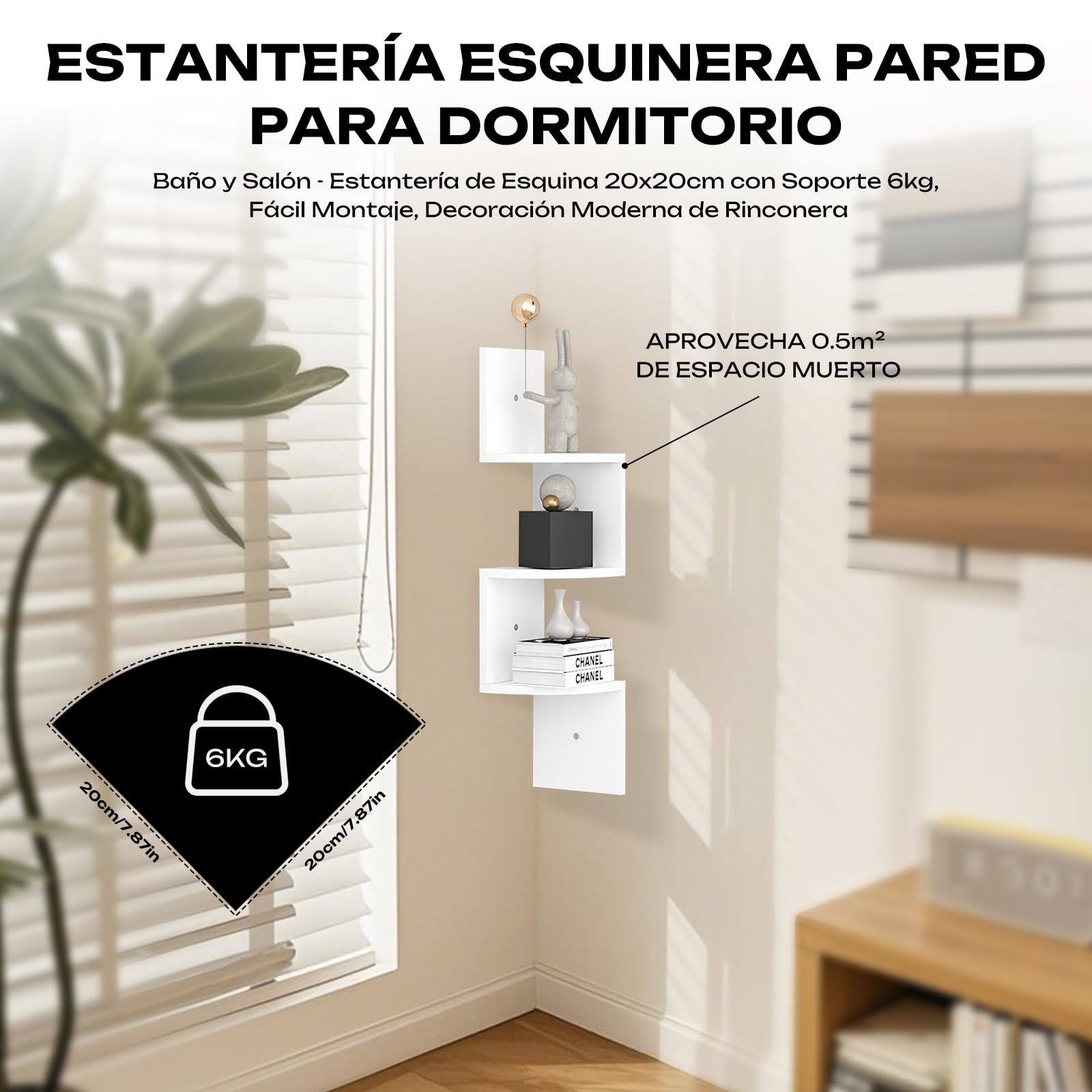 Estantería de Esquina para Pared 20x20cm - Organizador Esquinero para Dormitorio, Baño, Salón con 6kg de Carga, Montaje Rápido, Decoración Moderna de Rinconera (Blanco, 3 Niveles)