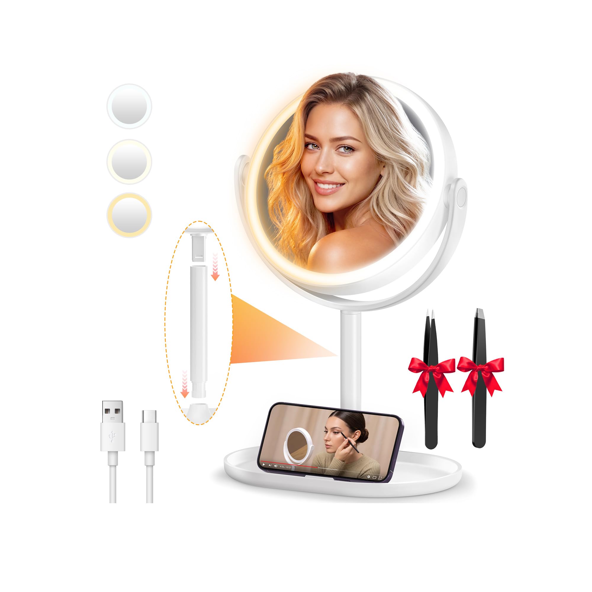 Auxmir Kosmetikspiegel mit Beleuchtung, USB 30X Doppelseitig Schminkspiegel | 3 Lichtfarben, Stufenlos Dimmbar, 360° Drehbar, Abnehmbares Reisedesign, 64 LEDs für Badezimmer Schminktisch und Urlaub, Weiß