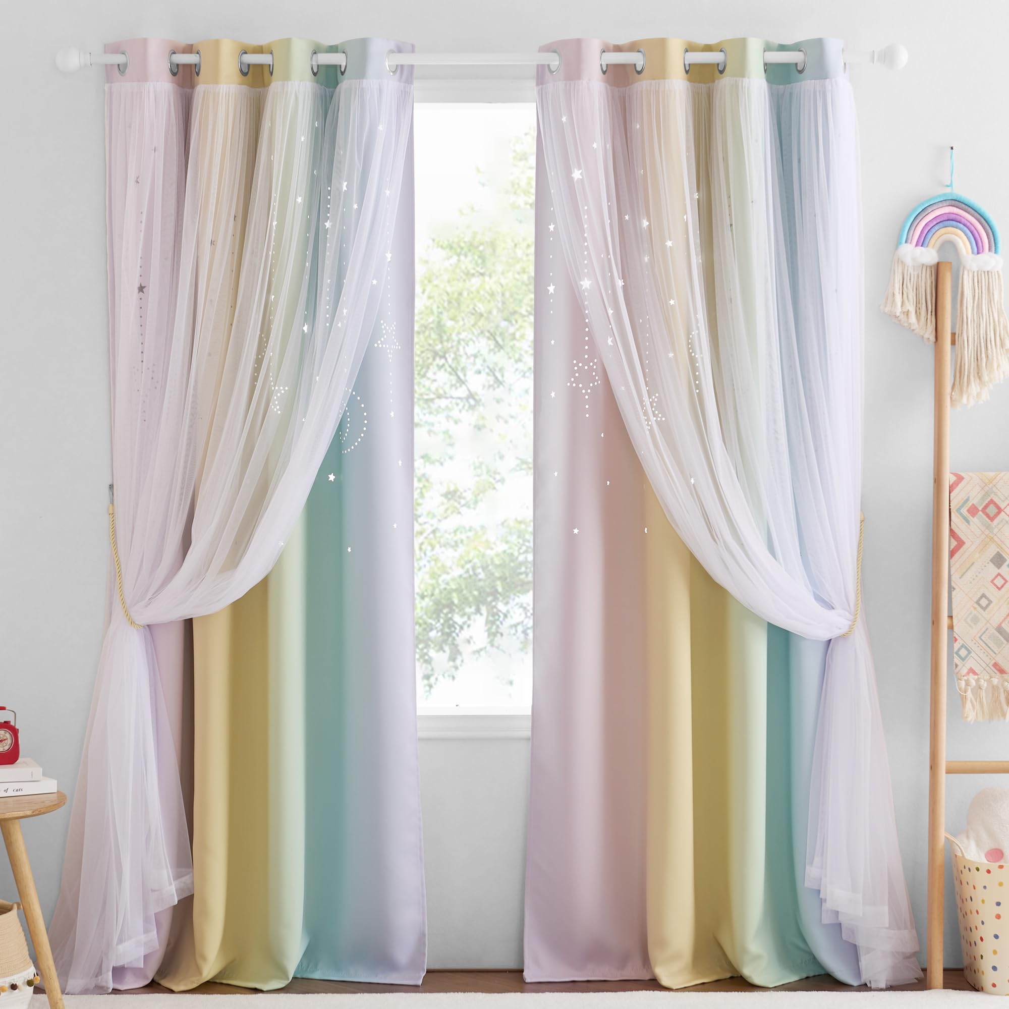 NICETOWN Nursery Blackout Curtains for Girls, 1 Panel, Moon Stars Kids Curtains Double Layer Window Drapes Coverings for Bedroom Living Room, 52 x 84 Inch, Rainbow
