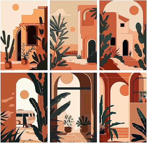 Paquete de 6 kits de pintura por números para adultos principiantes, pintura acrílica bohemia fácil por números, kits de pintura de acuarela por