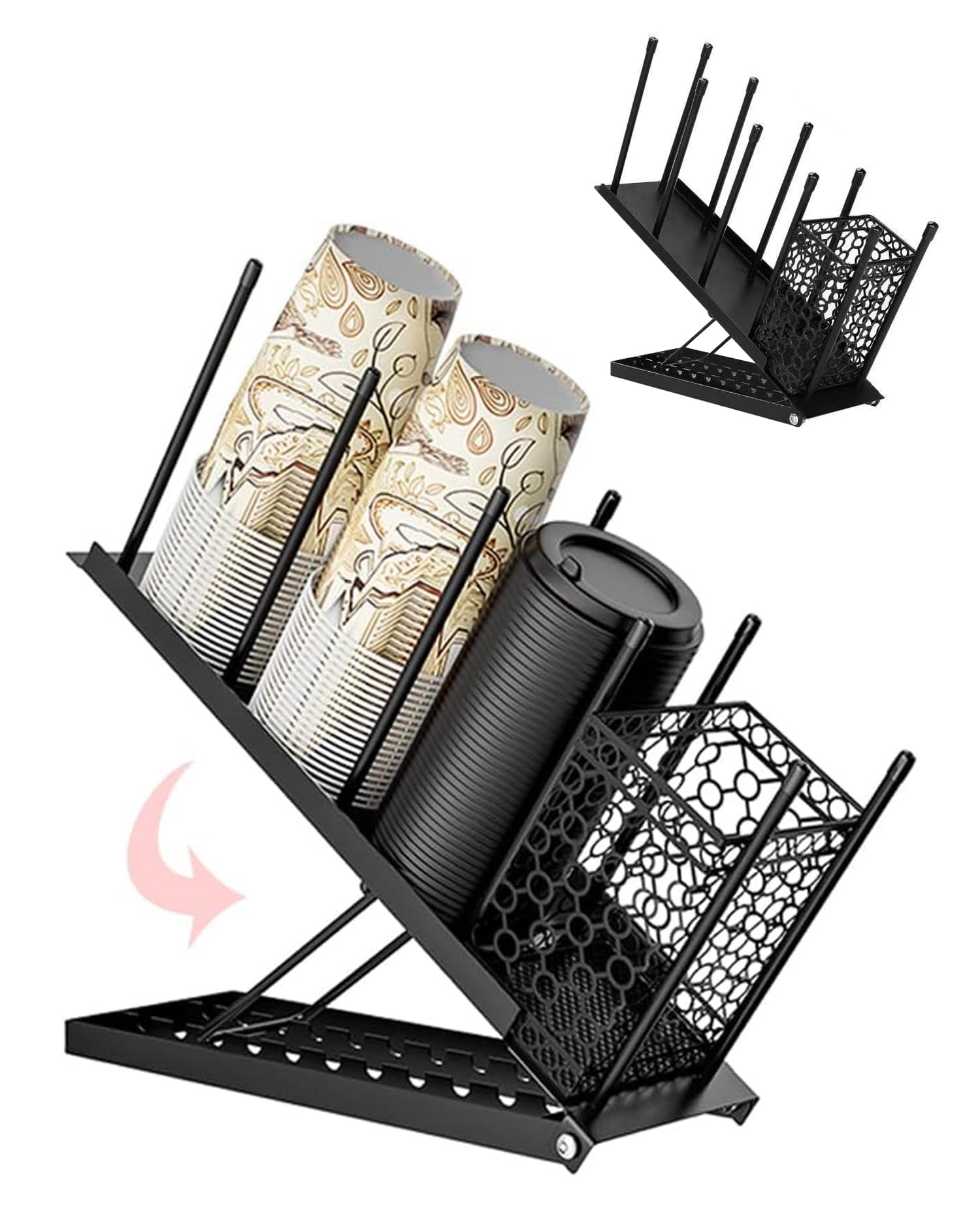 Tefola Soporte para tazas y tapa, dispensador de tazas de café desechable de 4 compartimentos, dispensador de tazas de papel, soporte de almacenamiento para estación de café, bar, encimera, sala de