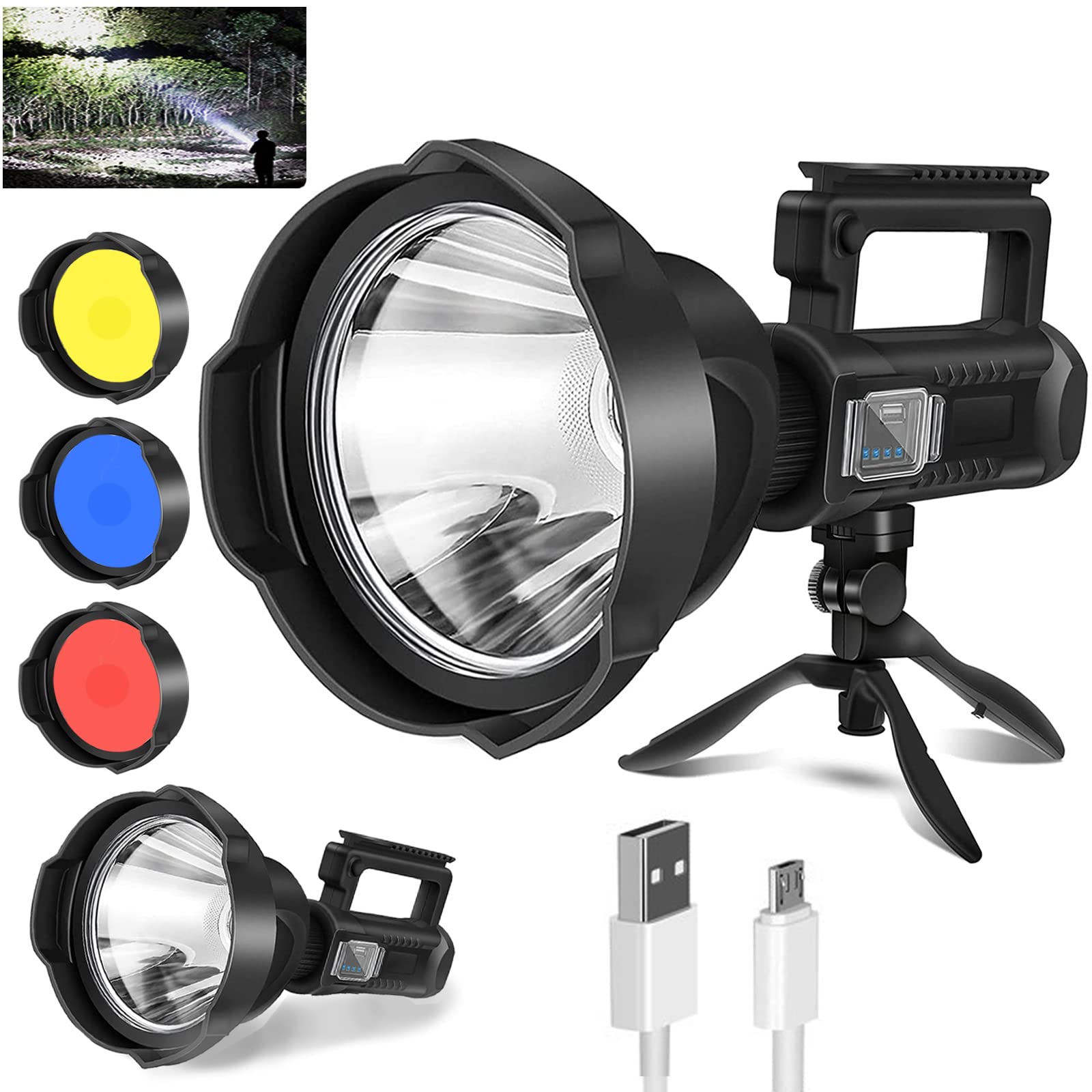 Uhanciny Rechargeable Spotlight, 300000 Lumen LED Spot Lights Handheld Large Flashlight High Lumens Super Bright Searchlight with 4 Modes, 3 Colored Lenses, USB Output, IPX5 Waterproof, Tripod
