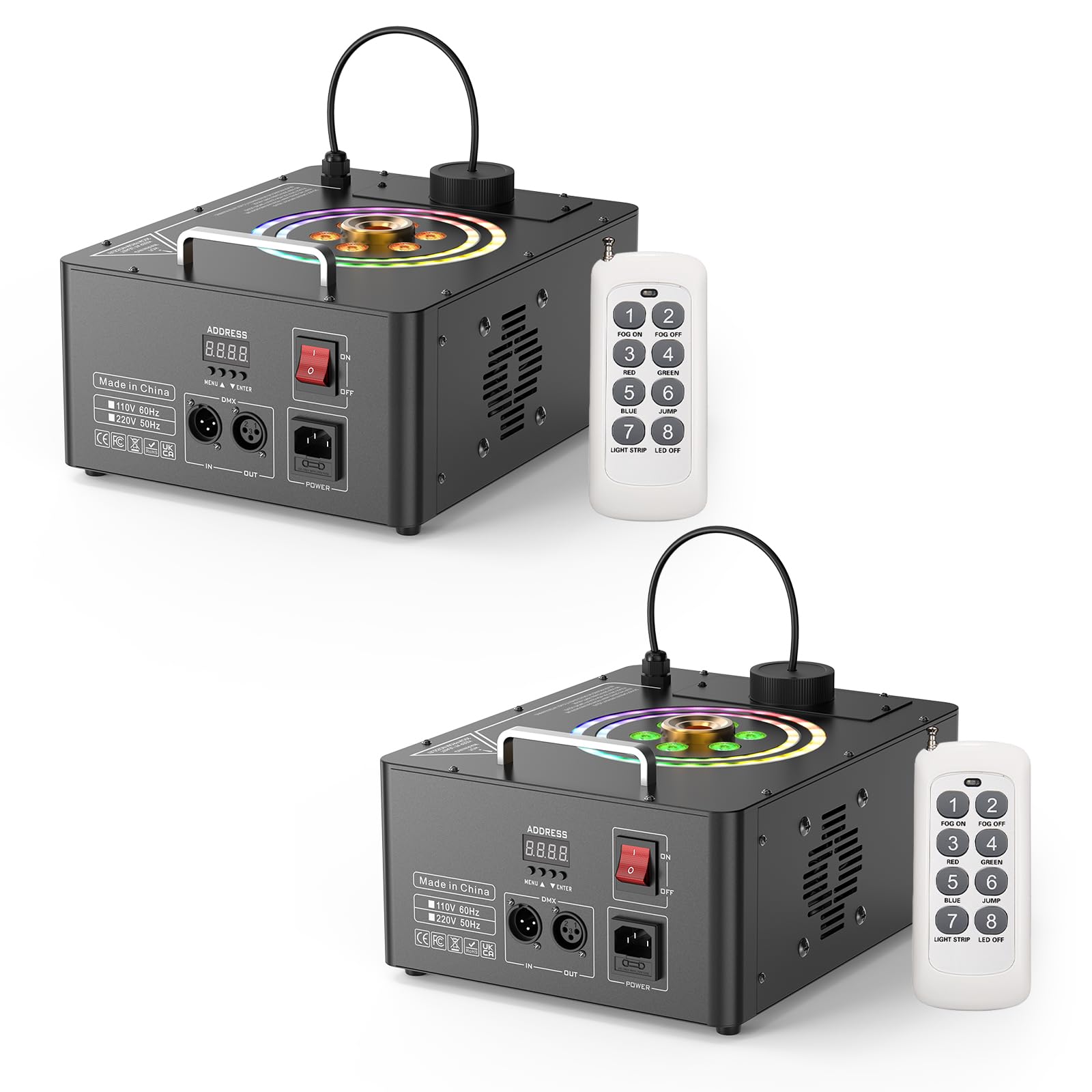 Máquina de Humo 1500W con Control Remoto 6 LED RGB, Fog Machine Portátil con Efectos de Iluminación Estroboscópica y Tira de Luces Discoteca DMX512 para Halloween Bodas Fiestas Escenario 2PCS