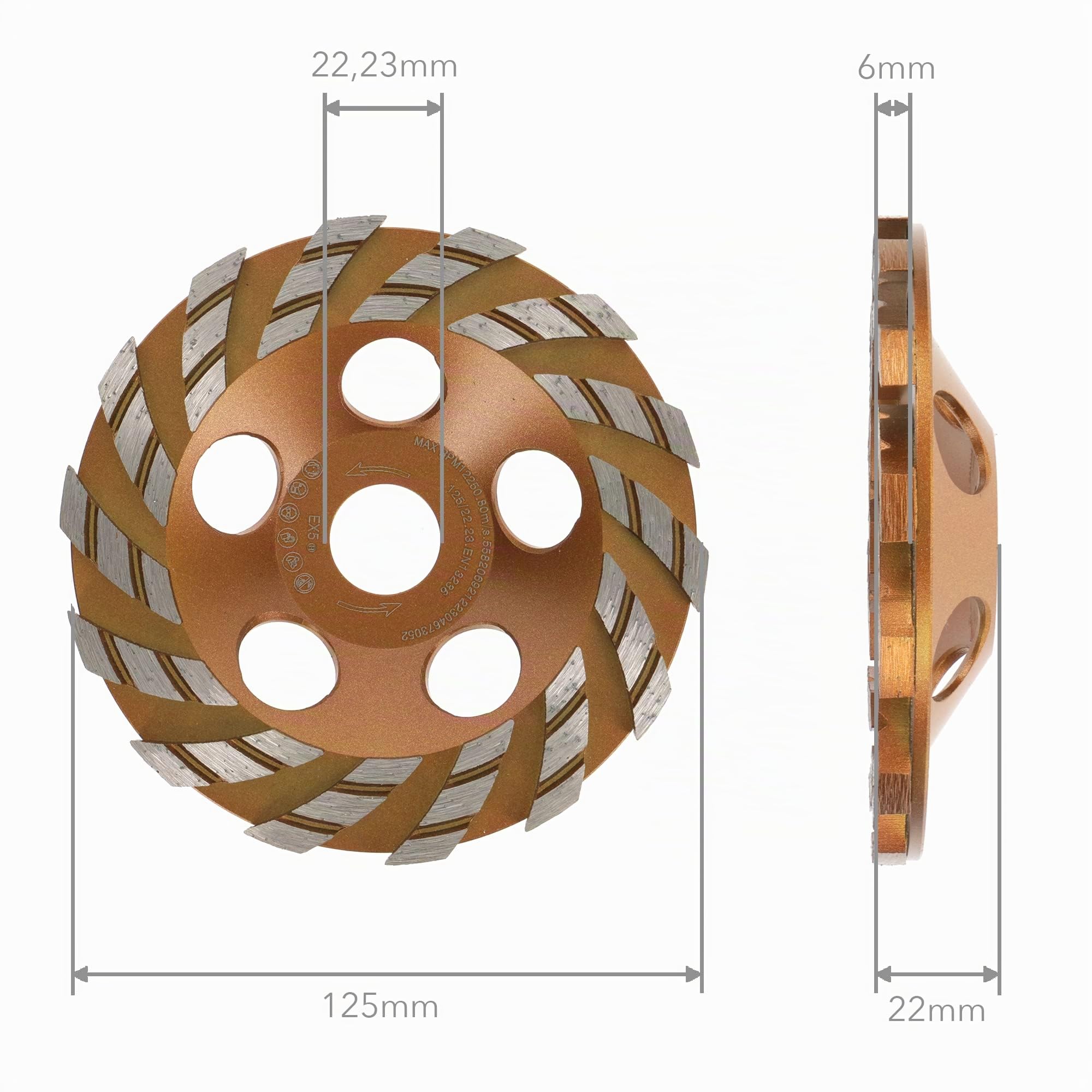 PRODIAMANT Premium Diamant-Schleiftopf 125 mm x 22,2 mm Diamantschleifteller TurboSpeed+ für Beton, Mauerwerk, Stein