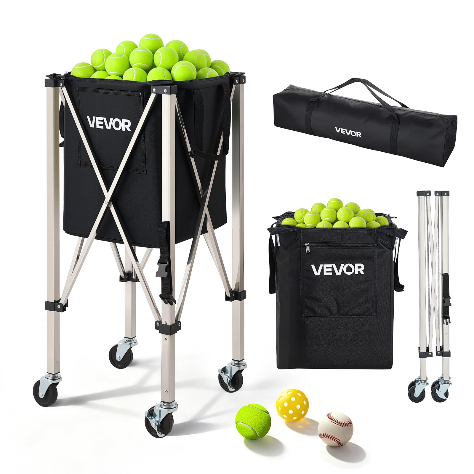 VEVOR Kosz na piłki tenisowe z kółkami, pojemność 200 piłek, składany wózek z piłką ze stali nierdzewnej, przenośny kosz do treningu tenisa i pickleballu, z torbą do przechowywania
