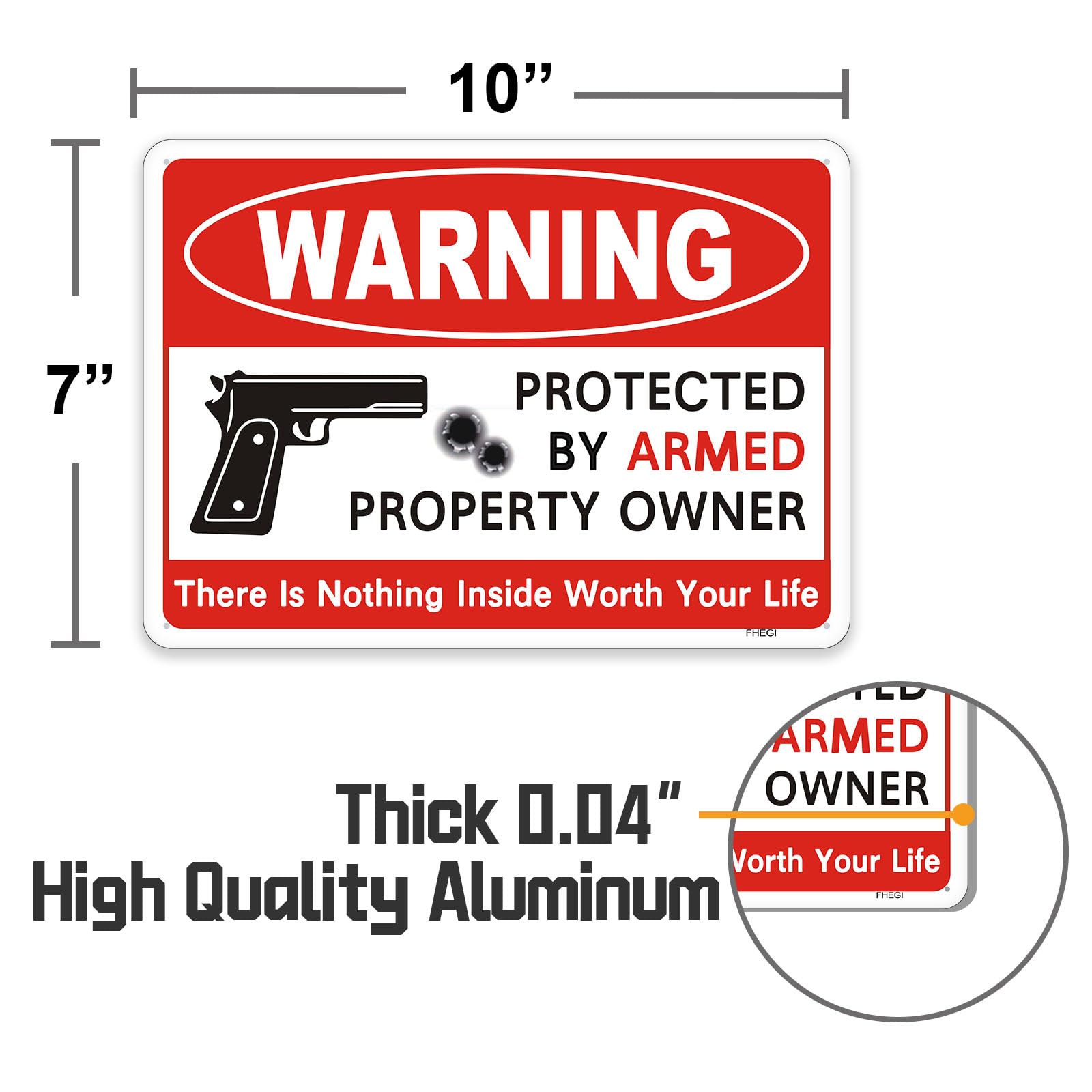2 letreros de pistola de 10 x 7 pulgadas con texto en inglés "The Owner of This Property is Armed", no hay nada interior digno de arriesgar tu vida, letrero reflectante de aluminio libre de