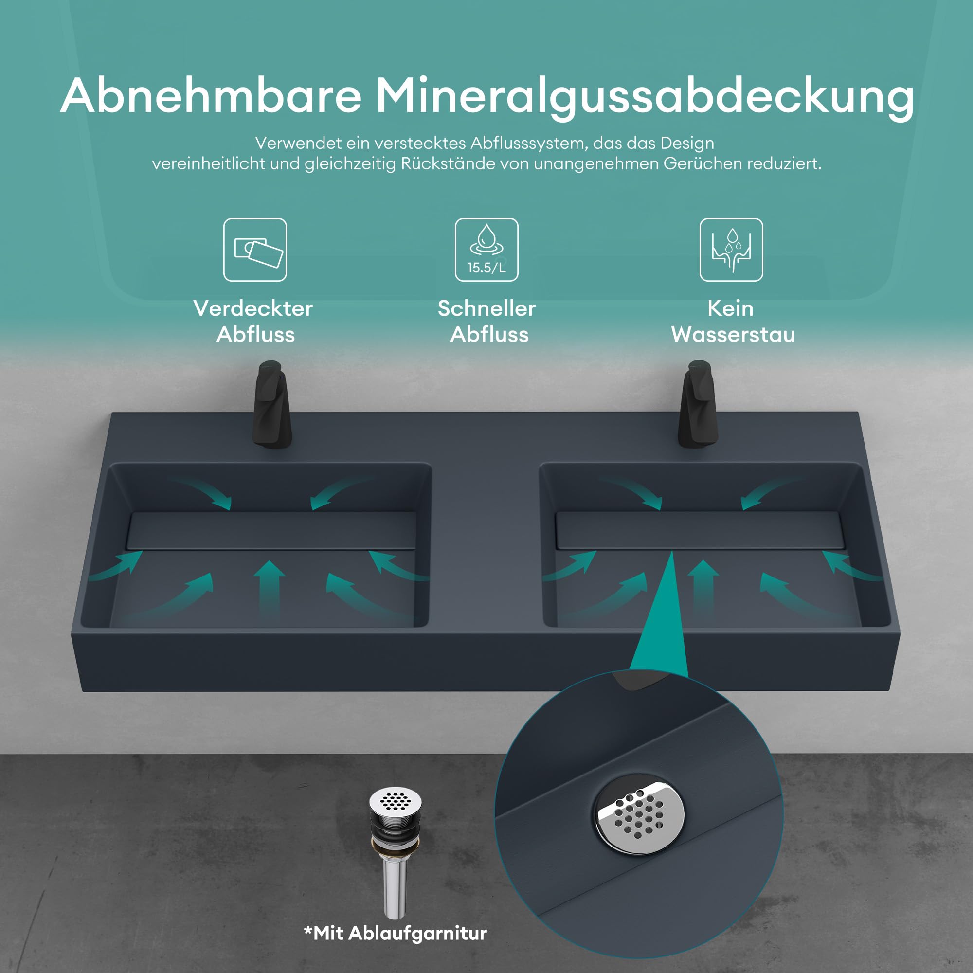 Mai & Mai Lavabo da Appoggio Doppio 120x48x13cm, Lavandino Bagno Colossum12 Lavabo da Minerale Fuso Senza Troppopieno, due Foro per Rubinetteria, Antracite