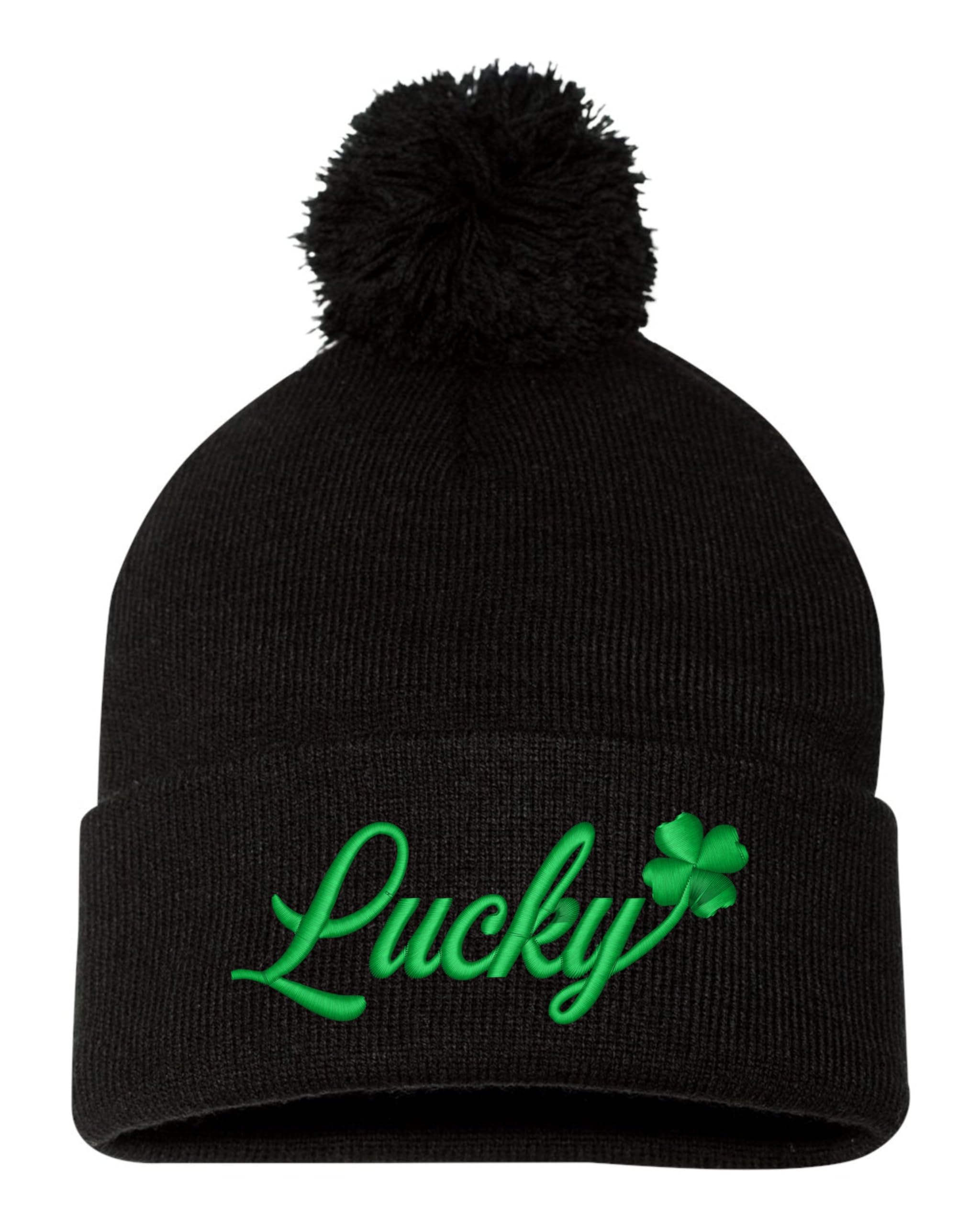 One Size Black Pom Lucky with Shamrock St. Patricks Day 4 Leaf Clover Embroidered Knit Beanie Pom Cap