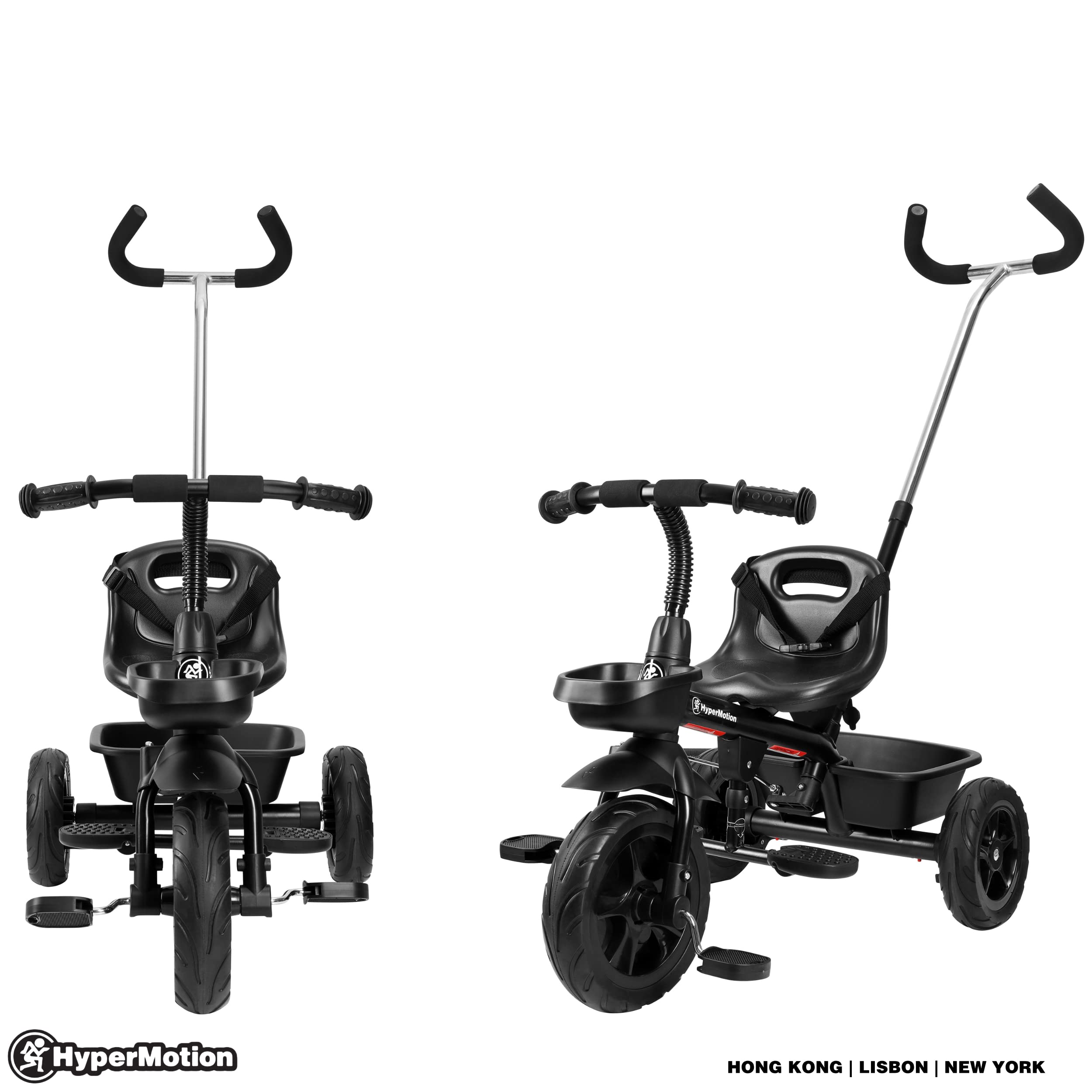 HyperMotion TOBI Vector Triciclo Passeggino con Maniglione per Genitori - Bicicletta Bambini Prima Età con Cinture Sicurezza e Ruote Larghe - Triciclo Bambini Stabile, Nero