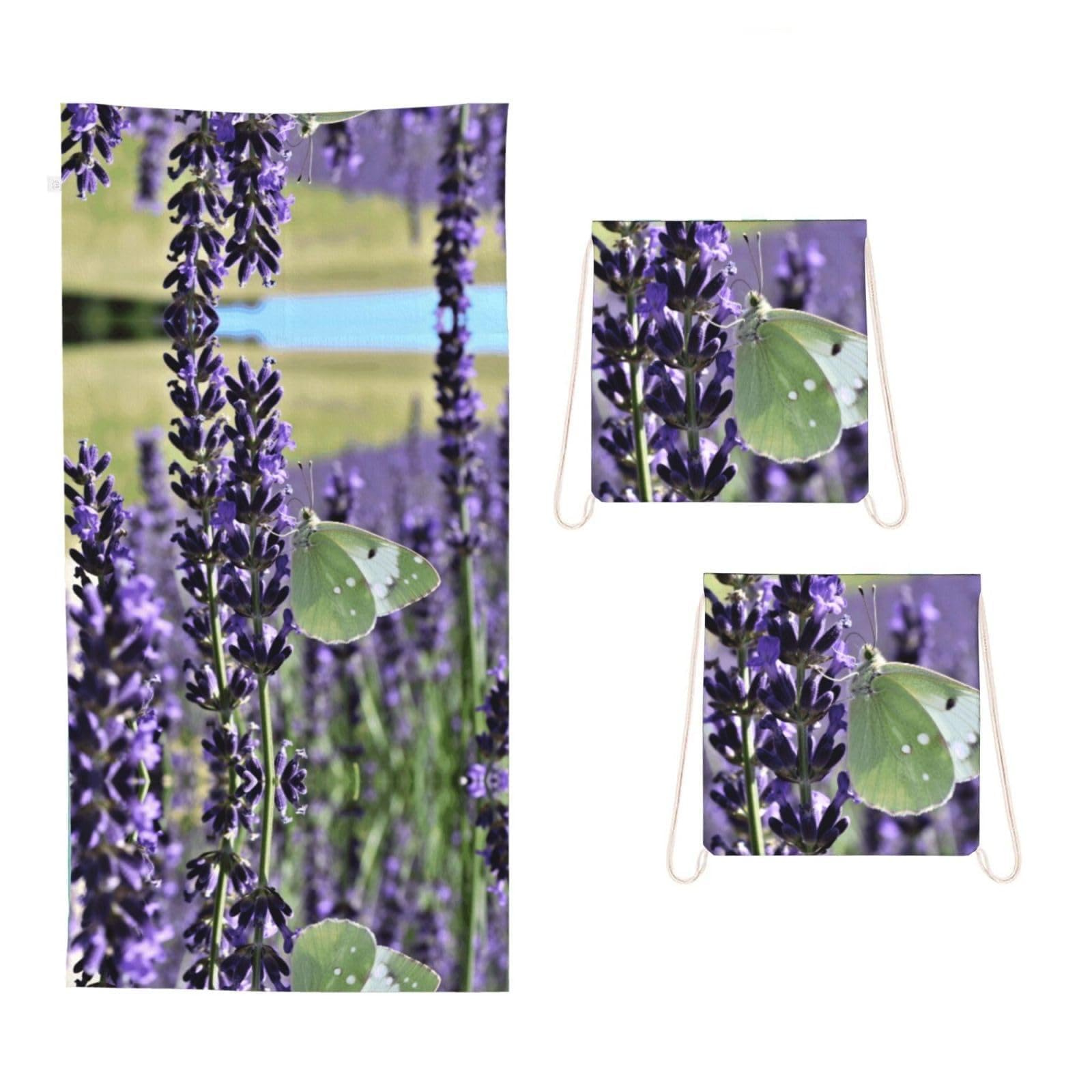 CNTDBU Lavender Butterfly Field 2 in 1 Packable Towel Bag-Large Beach Towel with Stuff Sack, Super Absorbent Microfiber Travel Towel for Pool