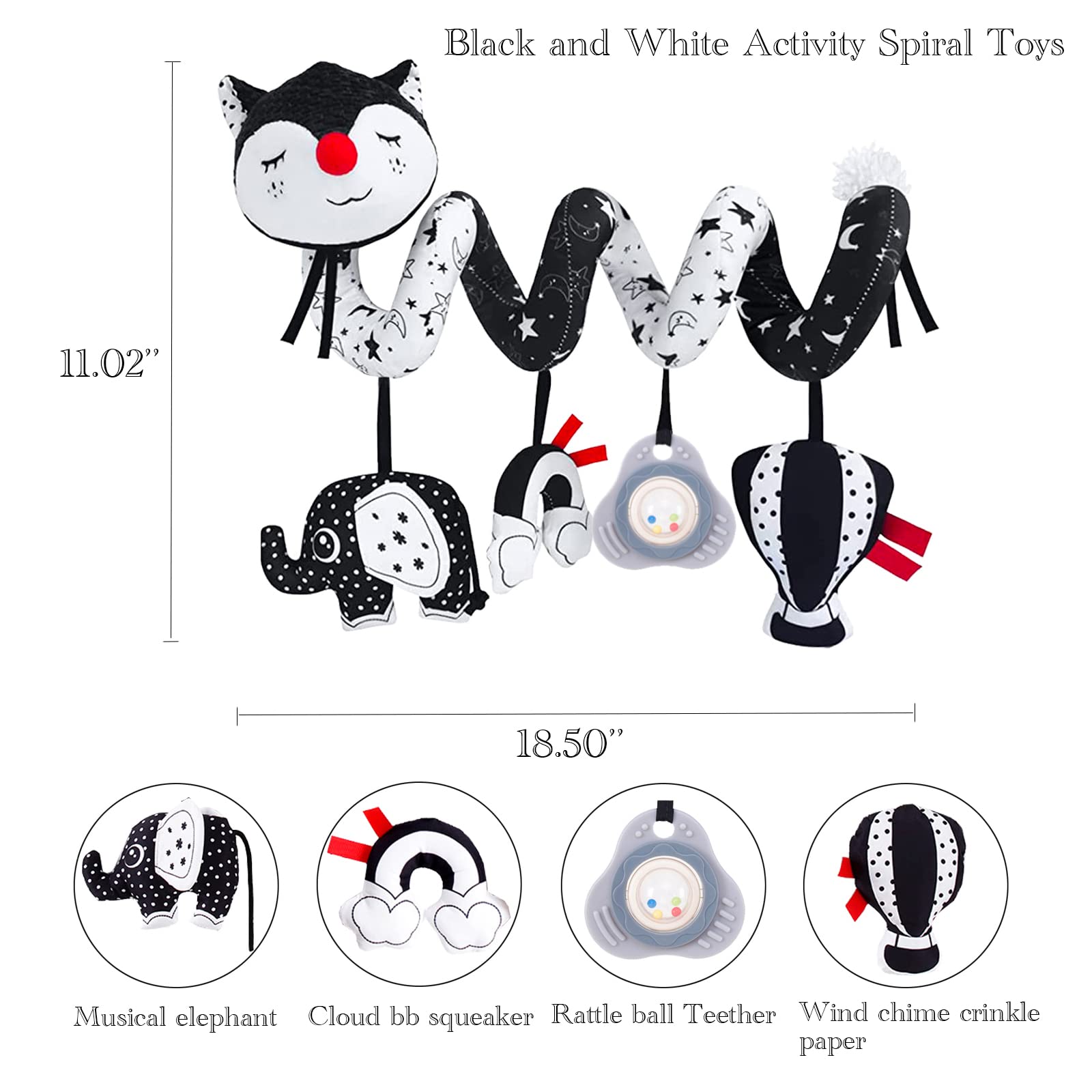 ORZIZRO Car Seat Toys, High Contrast Black and White Toy for Infants 0-3 6 12 Months, Musical Black Fox Carseat Toys Stroller Toy for Babies Newborns
