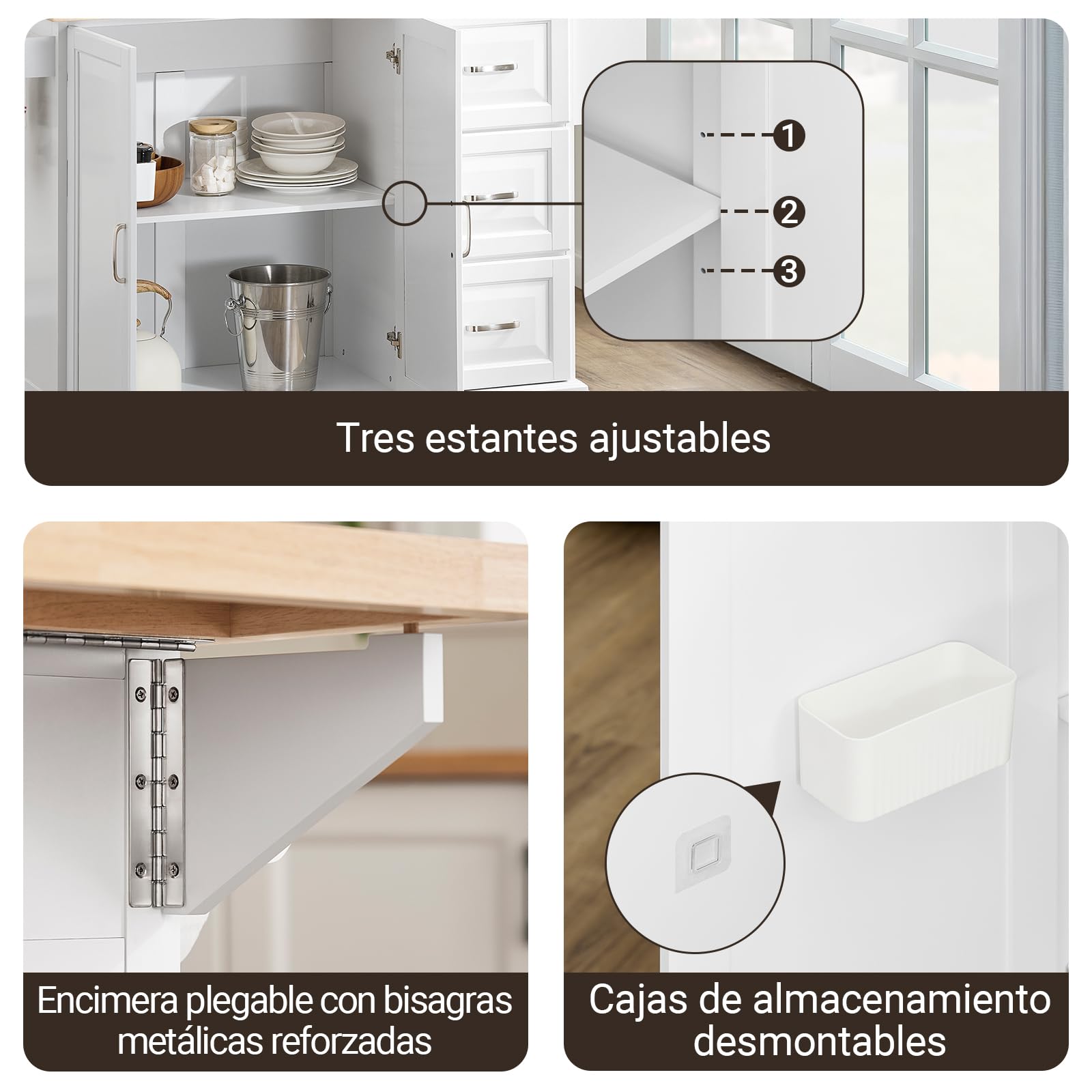 SoBuy Isla Cocina con encimera de Madera Maciza Extensible Carrito de Cocina con Ruedas Mueble de Cocina con 3 cajones Blanco 130x91x(46-71) cm FKW41-II-WN