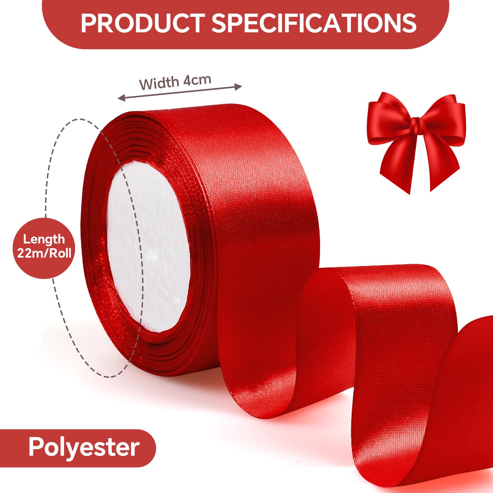 1 rotolo di nastro di raso rosso, 3,8 cm x 23,8 m, in tessuto a