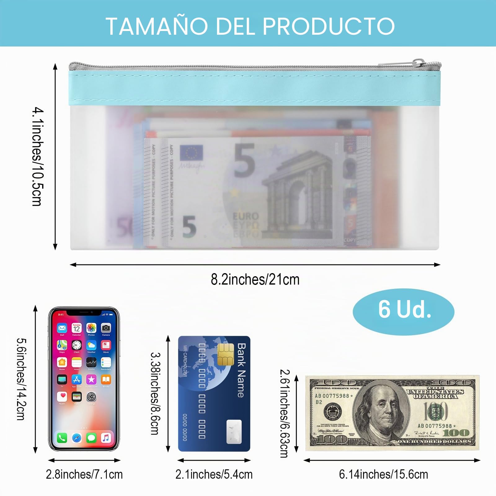 6 Piezas Bolsas de Dinero con Cremallera Bolsa de Dinero Sobres de Efectivo Bolsa de Banco Organizador de Dinero Transparente Organizador de Efectivo Multiusos para Cheques Recibos 19,3 x9,4 cm