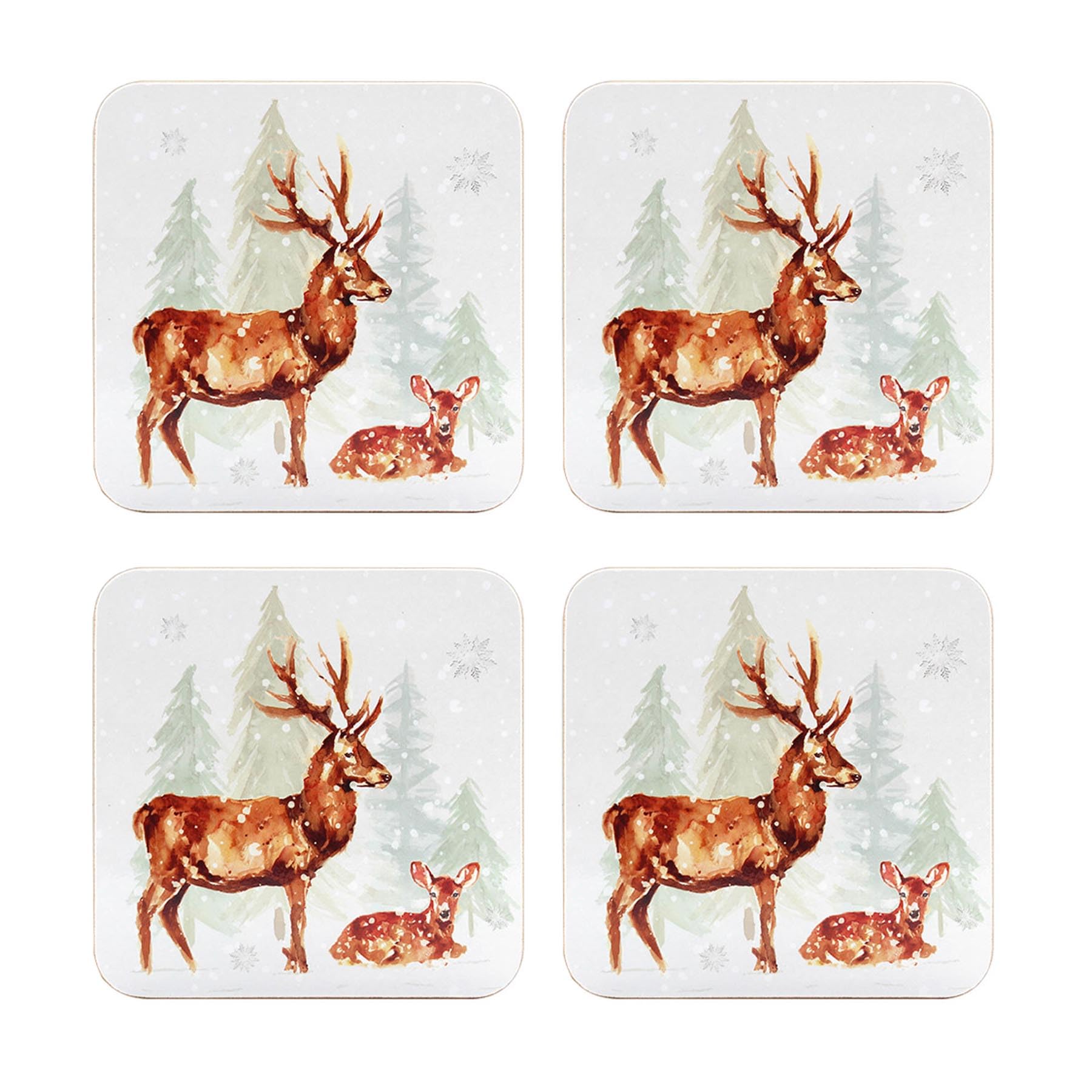 Widdle Gifts 4 Coasters 7598 Christmas Tableware Corked Back Set Of Beautifully Coloured Forest Family Reindeer Placemats Or Coasters (4 Coasters 7598)