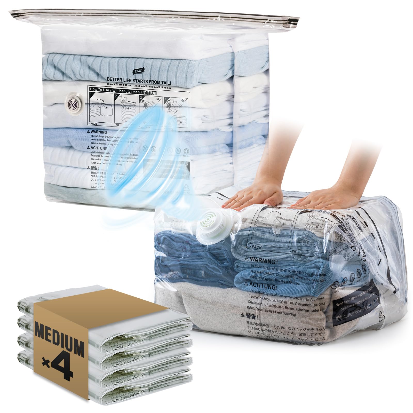 TAILI Cube Vacuum Storage Bags 4 pack, Medium Size (25x19x11 inch), Vacuum Seal Bags for Clothing, Travel Compression Packing for Clothes, Blankets,