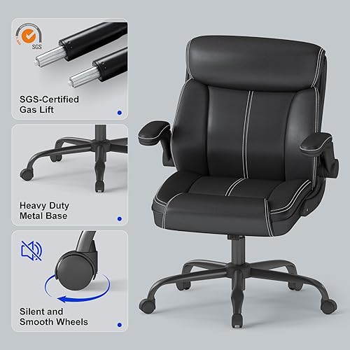 Miniatura 8 de Silla de oficina ejecutiva de cuero, silla ergonómica de escritorio de oficina en casa con reposabrazos abatibles, altura ajustable, respaldo medio
