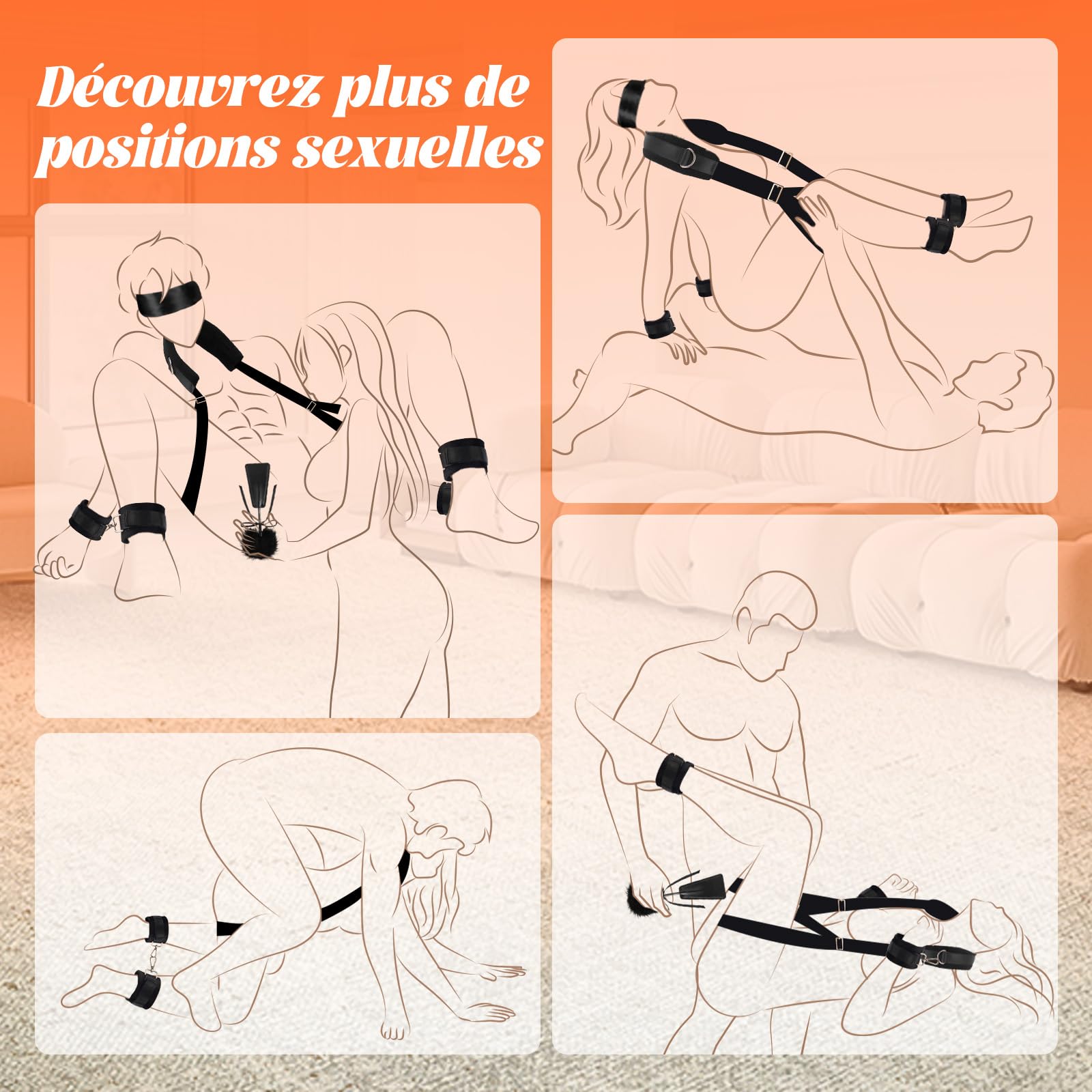 Sex Toýs Femme Couple Kits de Bondage Menottes Sex Lit BDSM Jeux Sexuelle Adulte Couple,Sex Toys Ensemble de Contention de Lit avec Menottes du Cou aux Cuisses/Chevilles, Sangles de Jambe Réglables