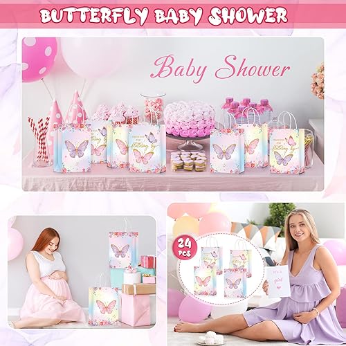 Miniatura 6 de TaoBary 24 bolsas de papel con asas para regalo de fiesta de mariposas, regalos de fiesta de cumpleaños, baby shower (estilo acuarela)