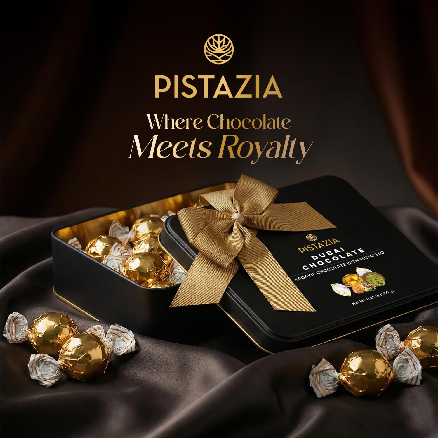 Pistazia Dubai Chocolate Gift Box — Real Pistachio Butter & Crispy Knafeh Kadayif Filling, 8.8oz Premium Milk Chocolate in Reusable Black Tin — Authentic Luxury Gift Set for Mother's Day & Eid