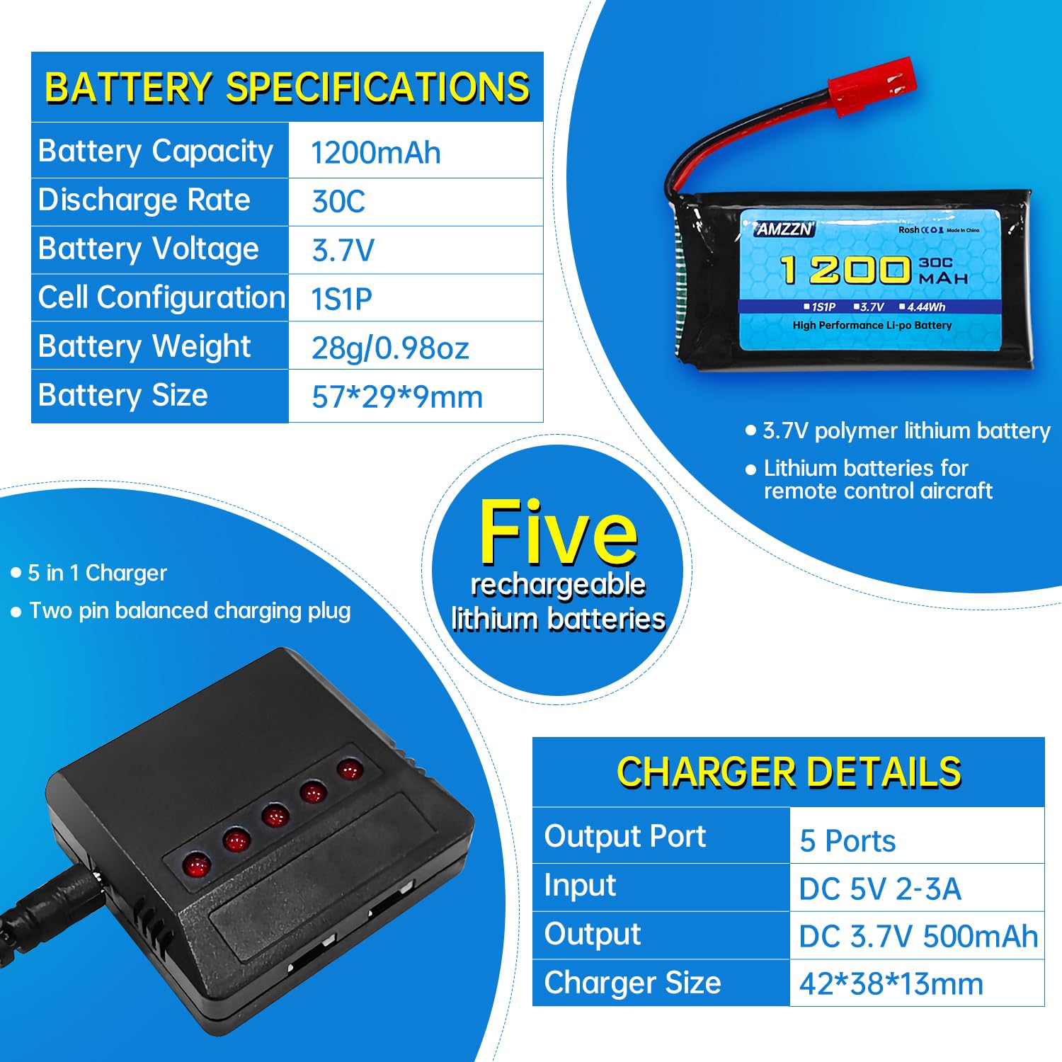 5PCS 3,7V 1200mAh 30C JST Plug Lipo batterie avec chargeur 5-en-1 pour MJX T04 T05 T25 X900 X9TW V2400HD V2450FPV V2450GPS télécommande drone