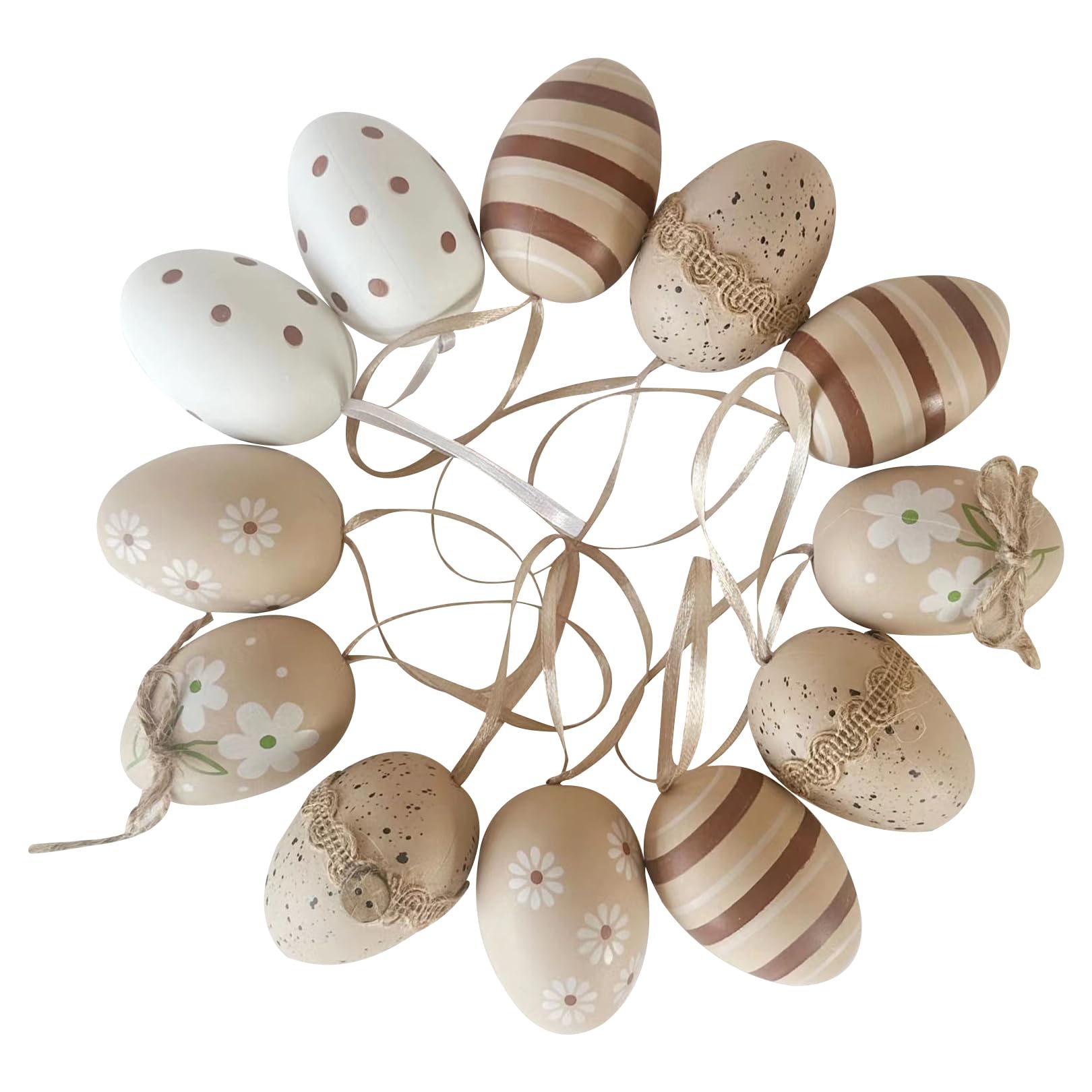Osterdekoration, 12 Stück Ostereier zum Aufhängen, Ostereier Dekoration, Styroporeier, Ostereier zum Aufhängen, braun-weißes Ornament für Osterkörbe, Ostergeschenke, 6 cm natürliche Eier