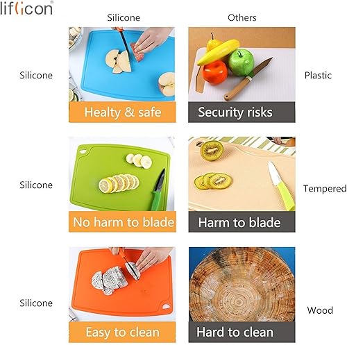 Miniatura 7 de Juego de 3 tablas de cortar gruesas de 14.6 x 10.43 pulgadas, medias de 12.6 x 9.1 pulgadas, mini ranuras para jugo de 9.1 x 7.1 pulgadas, mango de