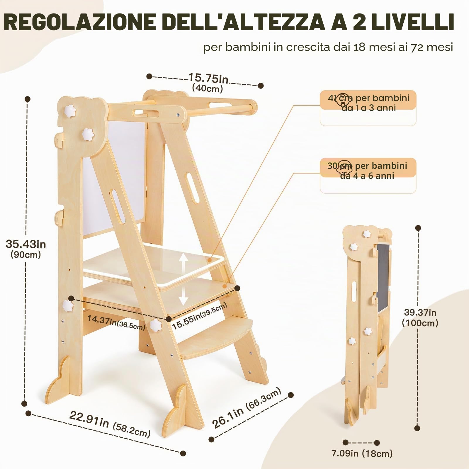 labebe Torre di apprendimento pieghevole 3 in 1 regolabile in altezza e larghezza per bambini da 1 anno