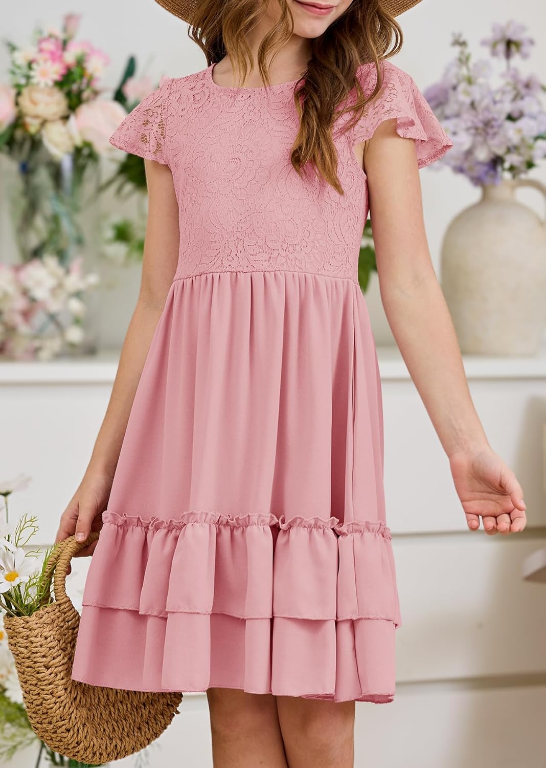 HOSIKA Girls Lace Flower Boho Ruffle Sleeve A-Line Tiered Summer Dress for Wedding Party with Pockets - Image 7