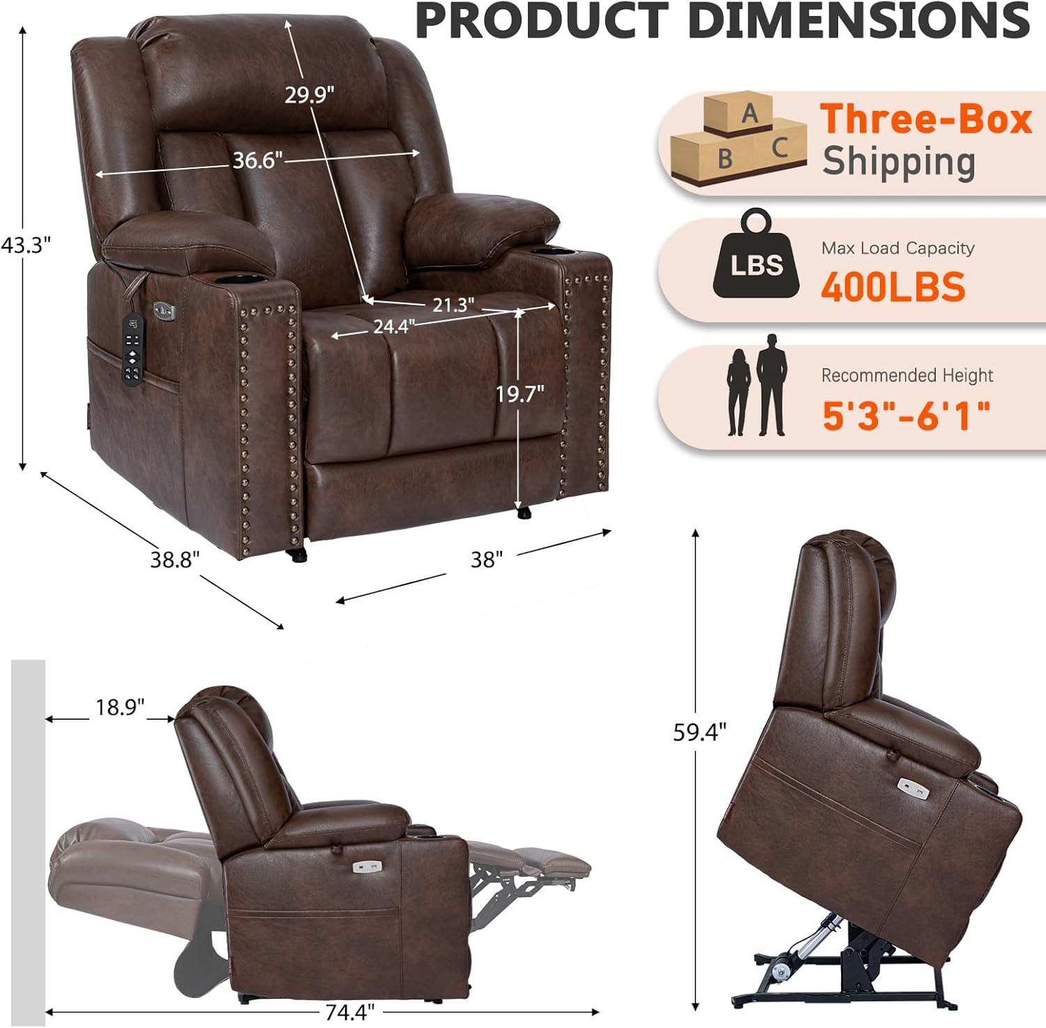 EONIX Retro Dual Motor Power Lift Recliner Chair for Elderly, 400lbs Heavy Duty Big and Tall Lay Flat Lift Chair with Heat and Massage, Extended Footrest, Cup Holders, SLRY025063, Espresso Brown