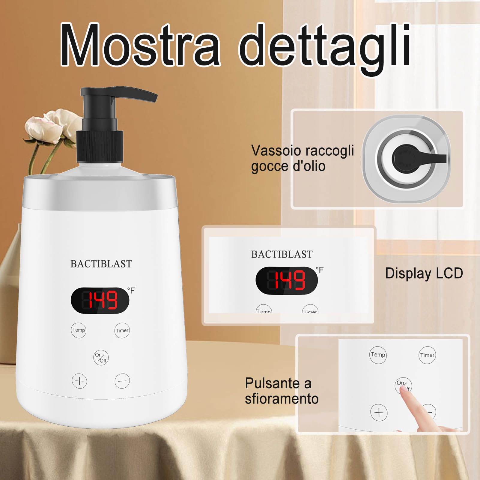 scalda olio da massaggio, scalda olio con due dispenser, Scalda lozioni indicatore a LCD, Scalda oli per massaggi per spa salone per uso domestico (Bianco)