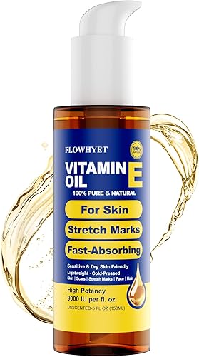 Vitamin E Oil for Face 5 fl oz, Organic Vitamin E Oil for Scar, Stretch Marks, Skin and Hair, Lightweight Body Oil Moisturizing and Firming Skin, Cold Pressed Hexane Free-150ml