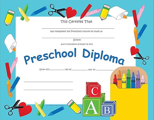 Creative Shapes Etc. Paquete de 30 certificados de diploma preescolar de 11 x 8.5 pulgadas para días de graduación preescolar y logros escolares.