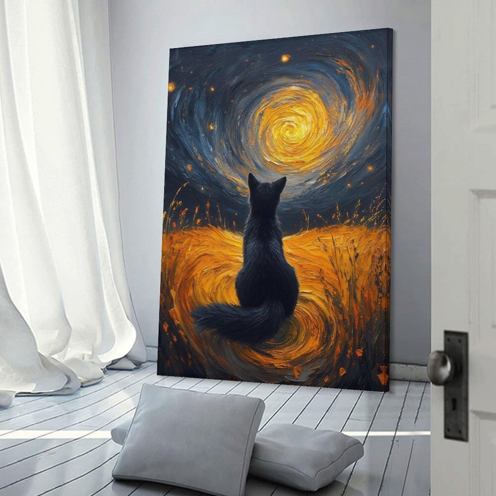 Junmoney Frame-Style-9 Canvas Art Print Black Cat Gazing At Swirling Sky, 24X36inch(60X90cm), For Office, Study Or Home Workspace, Home Office Artwork With Decorative Appeal