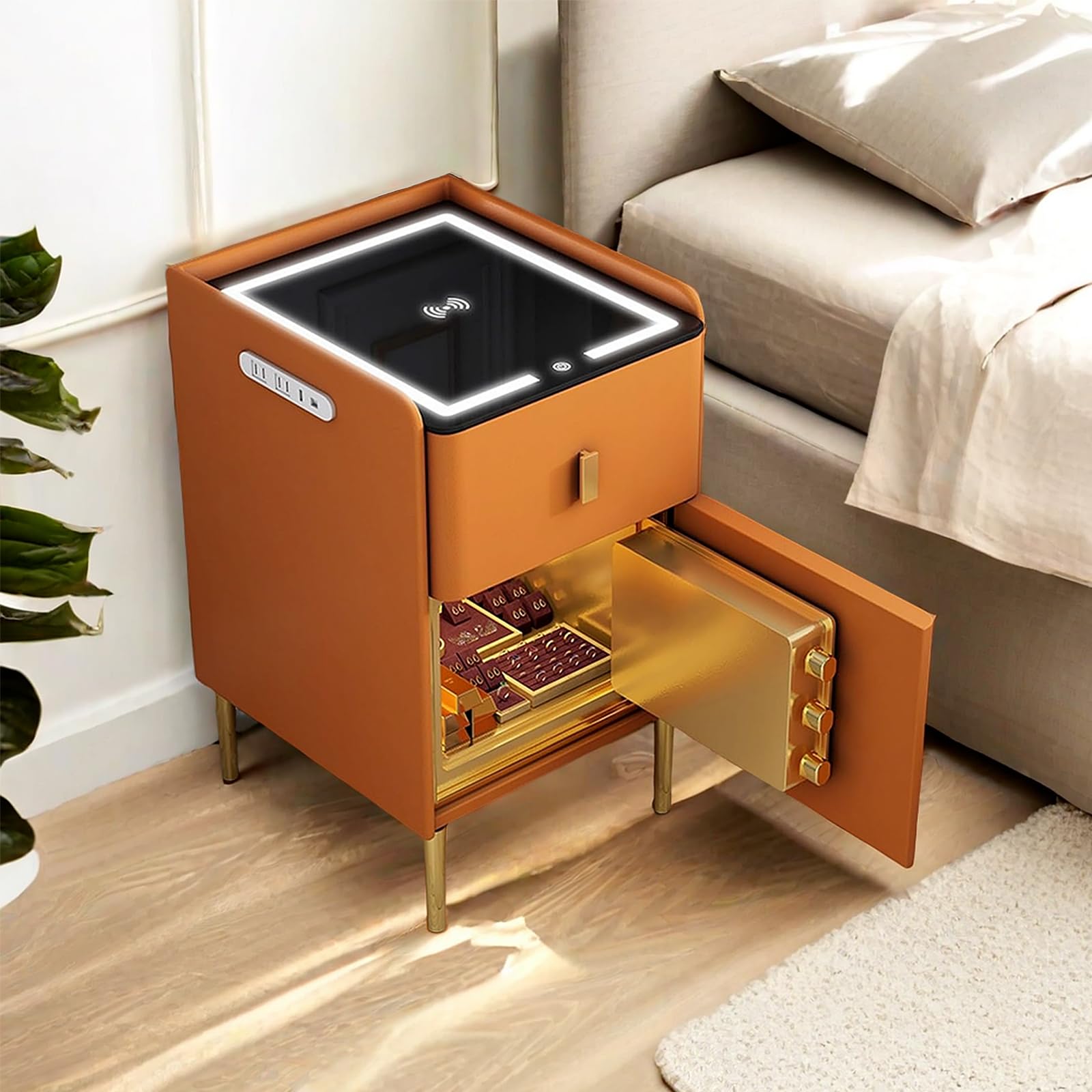 Table de chevet intelligente multifonction : chargeur sans fil, lumière LED et coffre-fort