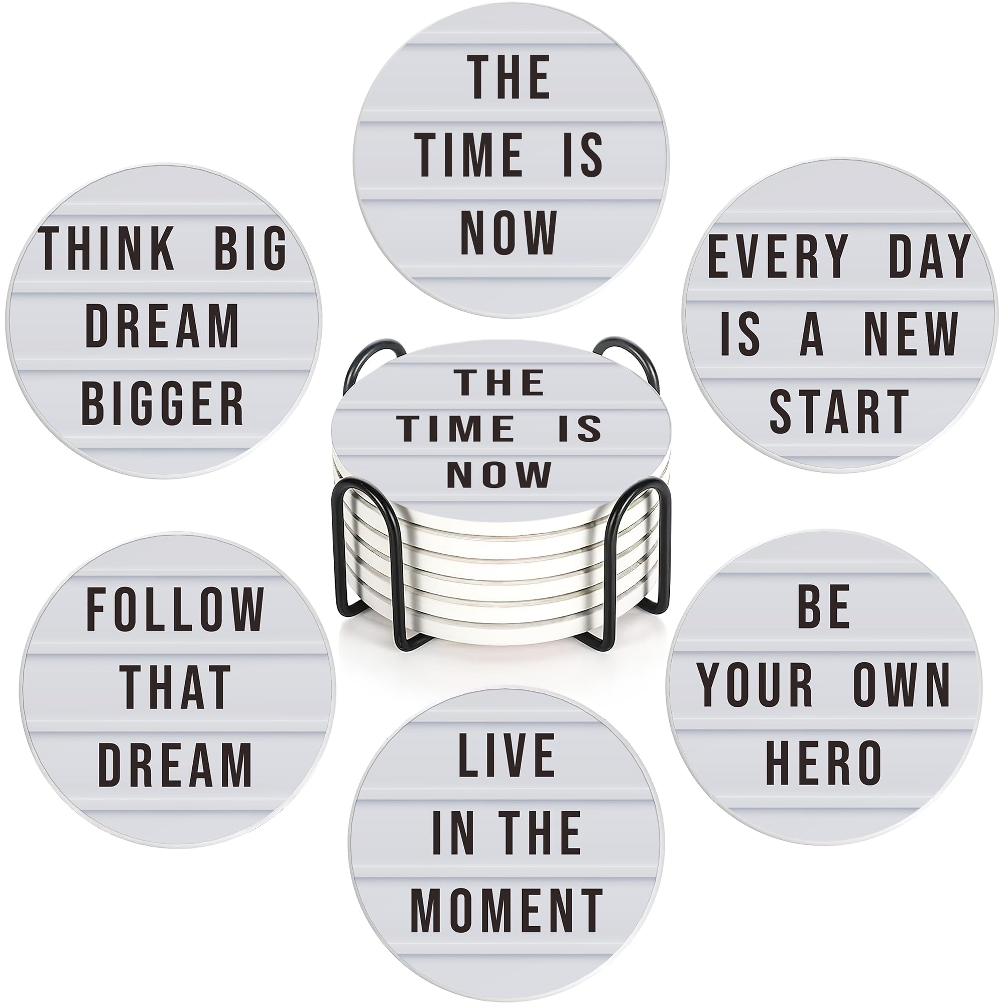 Motivation Quote Drink Coasters with Holder,Ceramic Coasters for Tables, Cork Backed Drink Mats for Coffee/Wine,Kitchen & Office Accessories