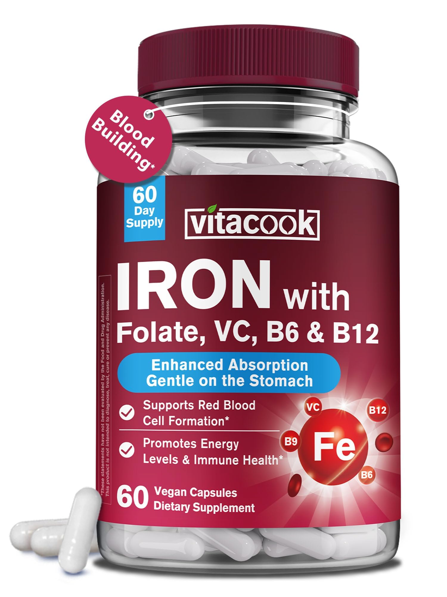 Iron Supplement for Women & Men, Iron Bisglycinate with Vitamin C, B6, B12, Folate, Stomach Friendly, Non-Constipating, Blood Health & Energy Boost, 60 Vegan Caps 60 Count (Pack of 1)