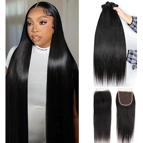 Human Hair Bundles with Closure Straight(22 24 26+20,Free Part) Closure with 3 Bundles Brazilian Virgin Hair 16A Extensions with Pre Plucked with Baby Hair 4X4 HD Lace Closure Natural Black Color