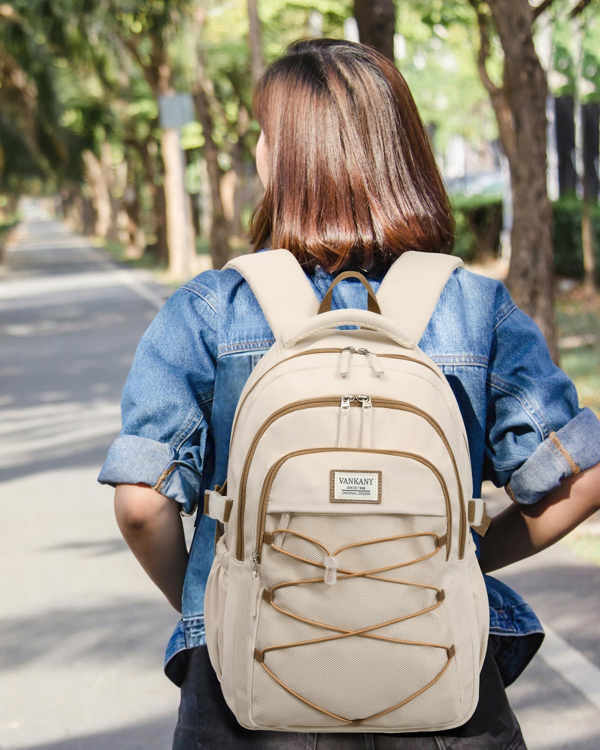 Teen Girls Backpack School Bag, 15.6in Laptop Backpack for Women Work Commuter, Aesthetic College Bookbag for Students, Beige - Image 2