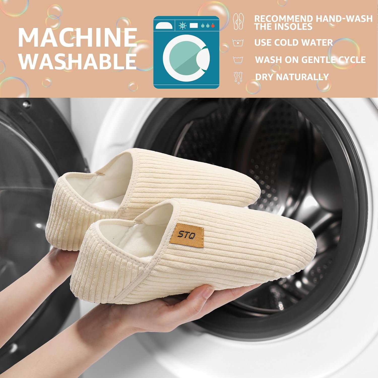 STQ House Slippers for Women Indoor Lined Corduroy Slipper Socks Warm Cozy Slip On Winter Shoes Fuzzy Non Slip Beige Size 10 - Image 6