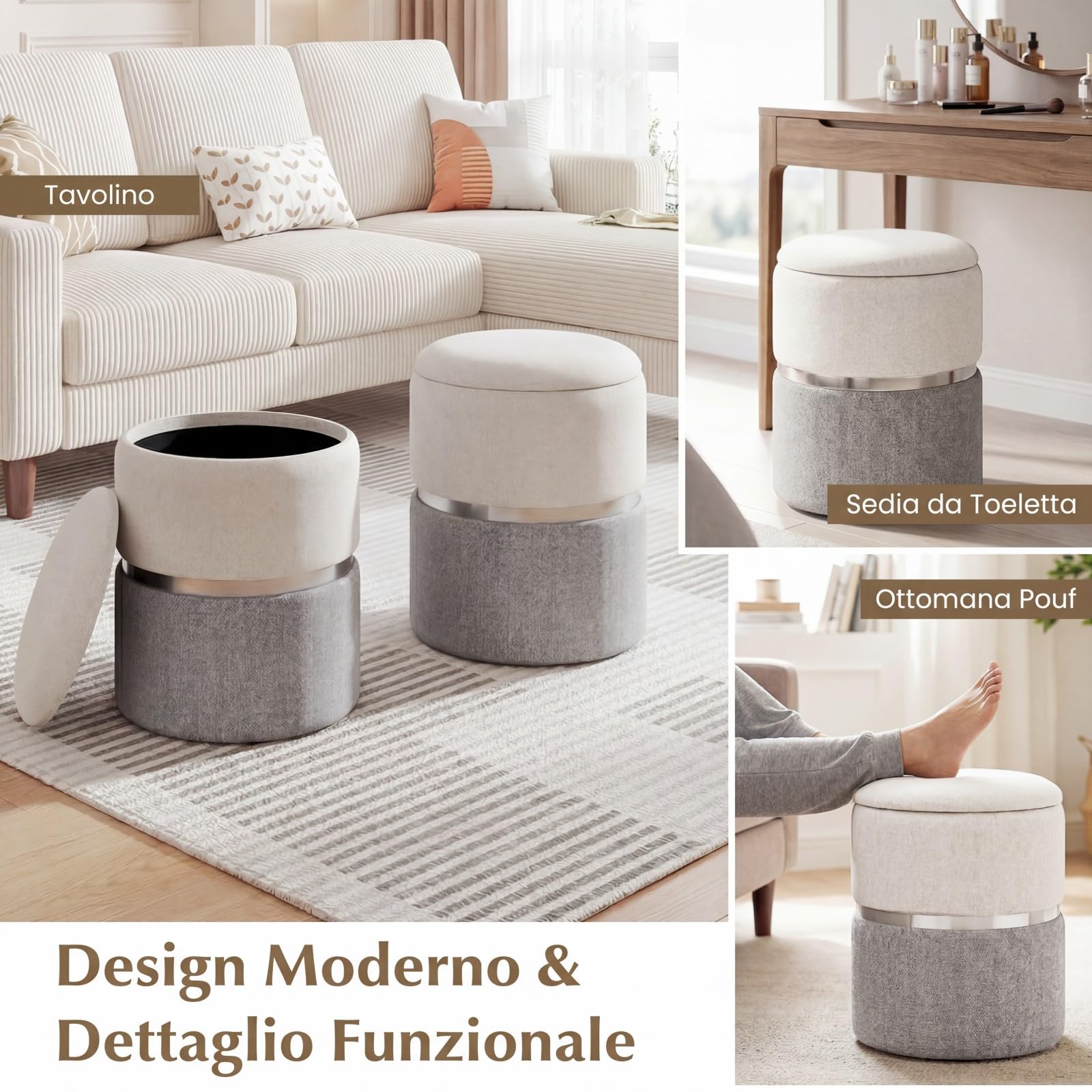 COSTWAY Set di 2 Pouf Contenitore in Velluto, Pouf Rotondi Imbottiti da 32L +21L, Sgabelli con Contenitore per Soggiorno, Camera da Letto, Portata 150 kg (Grigio)