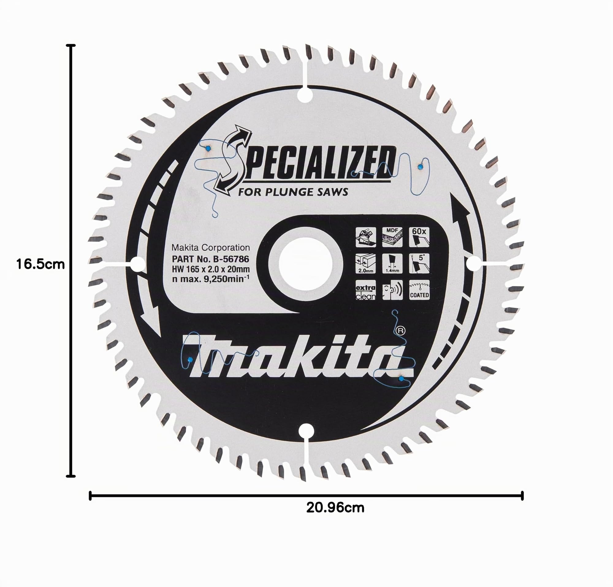 Makita B de 56786 Hoja de sierra Specialized, 60 dientes, 1 V, 165 x 20 mm