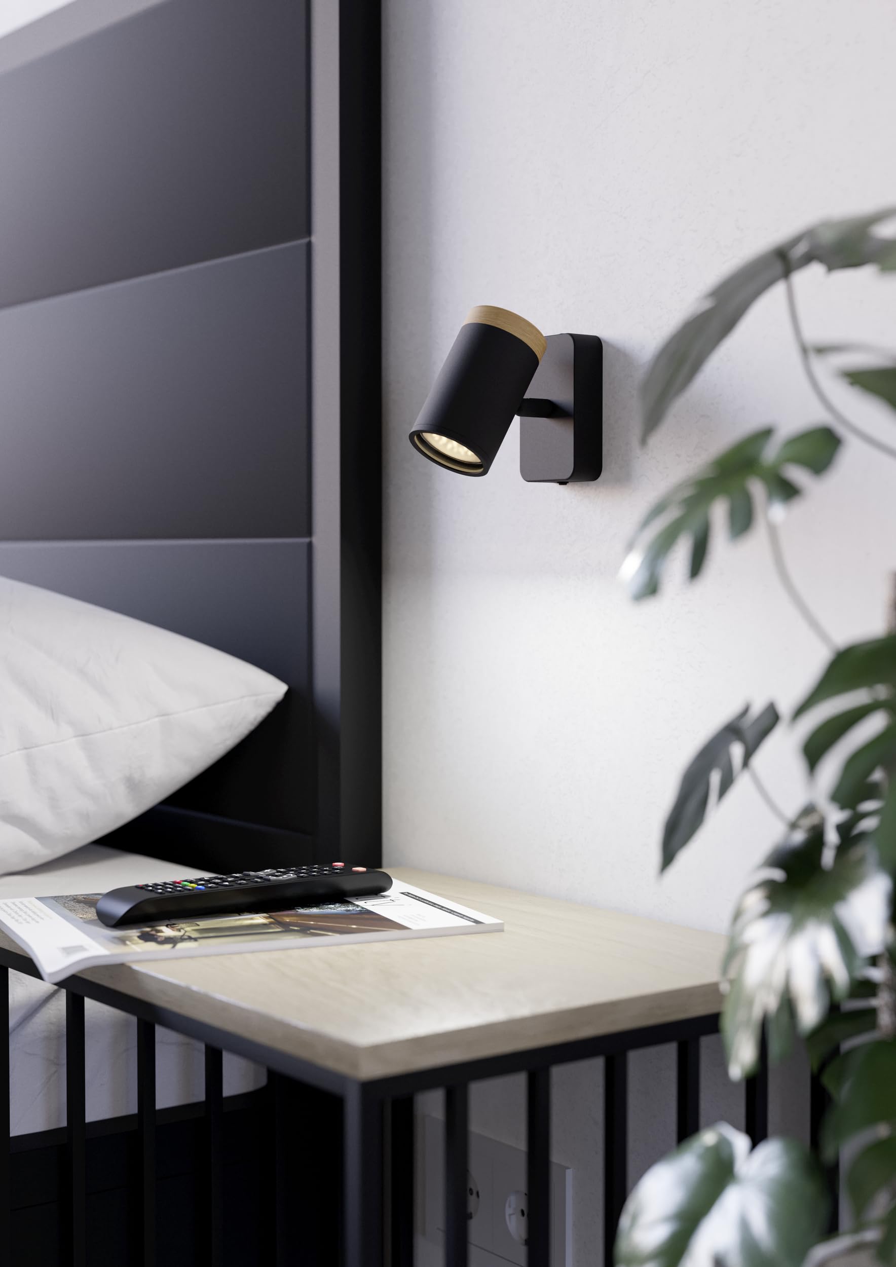 Eglo Consuma - Lampada da parete, lettura in acciaio flessibile, per soggiorno e bagno, faretto legno di colore nero, attacco GU10, IP44
