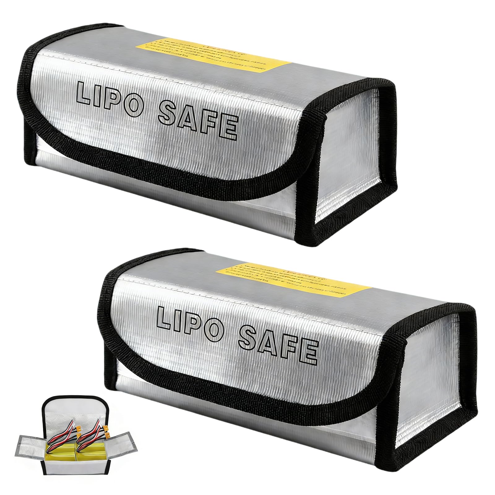 Lipo Battery Safe Bag, 2 Pcs 185 × 75 × 60mm Explosion Proof Fireproof Safety Protection Bag, High Temperature Resistance Charging Battery Case Storage for Transport Storage (Silver)