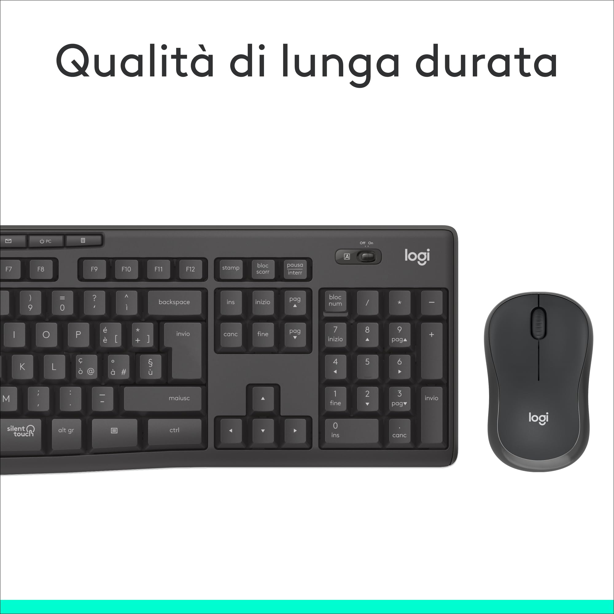 Logitech MK295 Silent Wireless Combo tastiera e mouse, SilentTouch, tastierino numerico, tracciamento ottico, wireless, grigio
