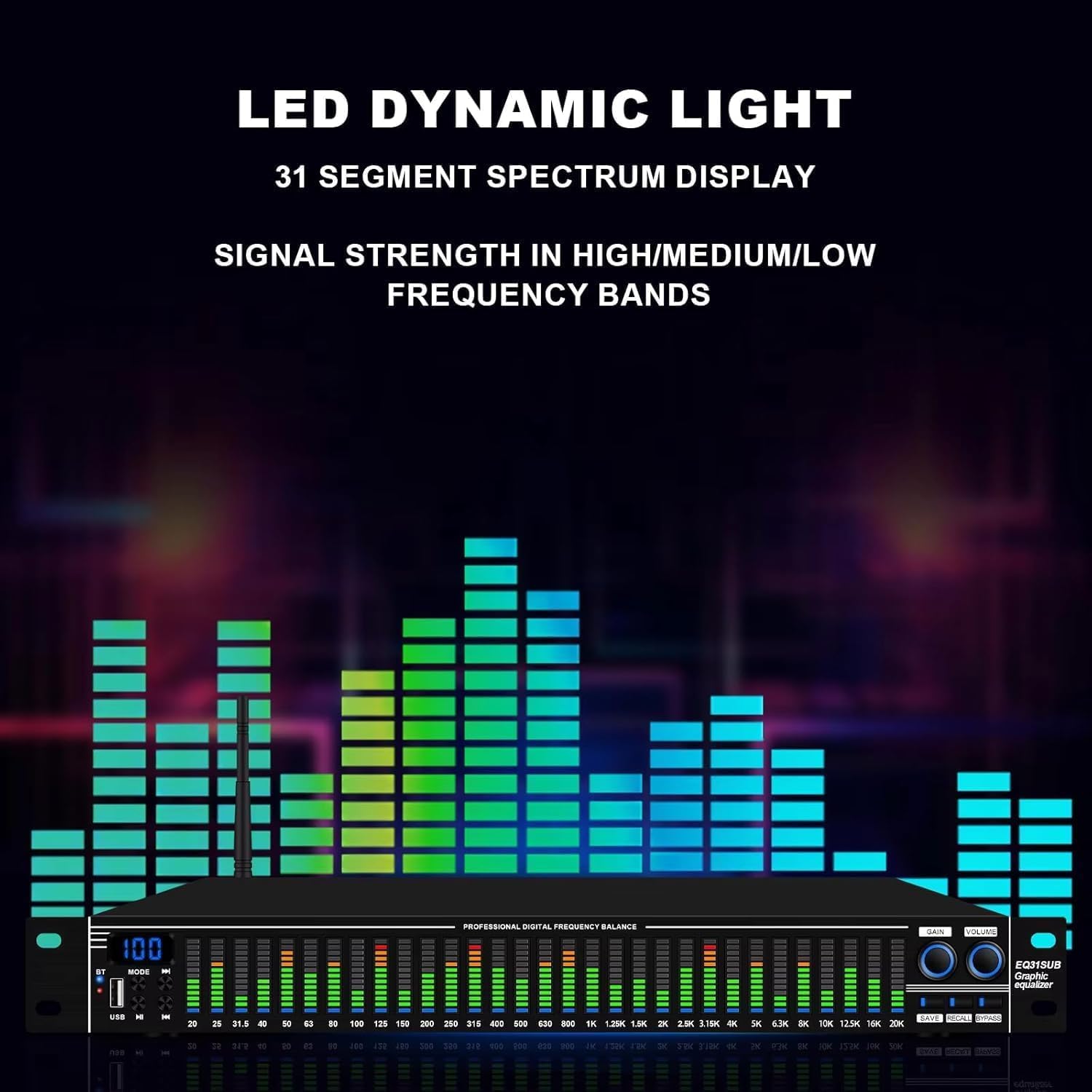 31-Band Digital Equalizer, LED-Audiospektrumanalysator, Stereo-Grafik-Equalizer, Low/Mid/Treble Readable, 10 Presets Parameter Für Home Karaoke, Aufnahmestudio